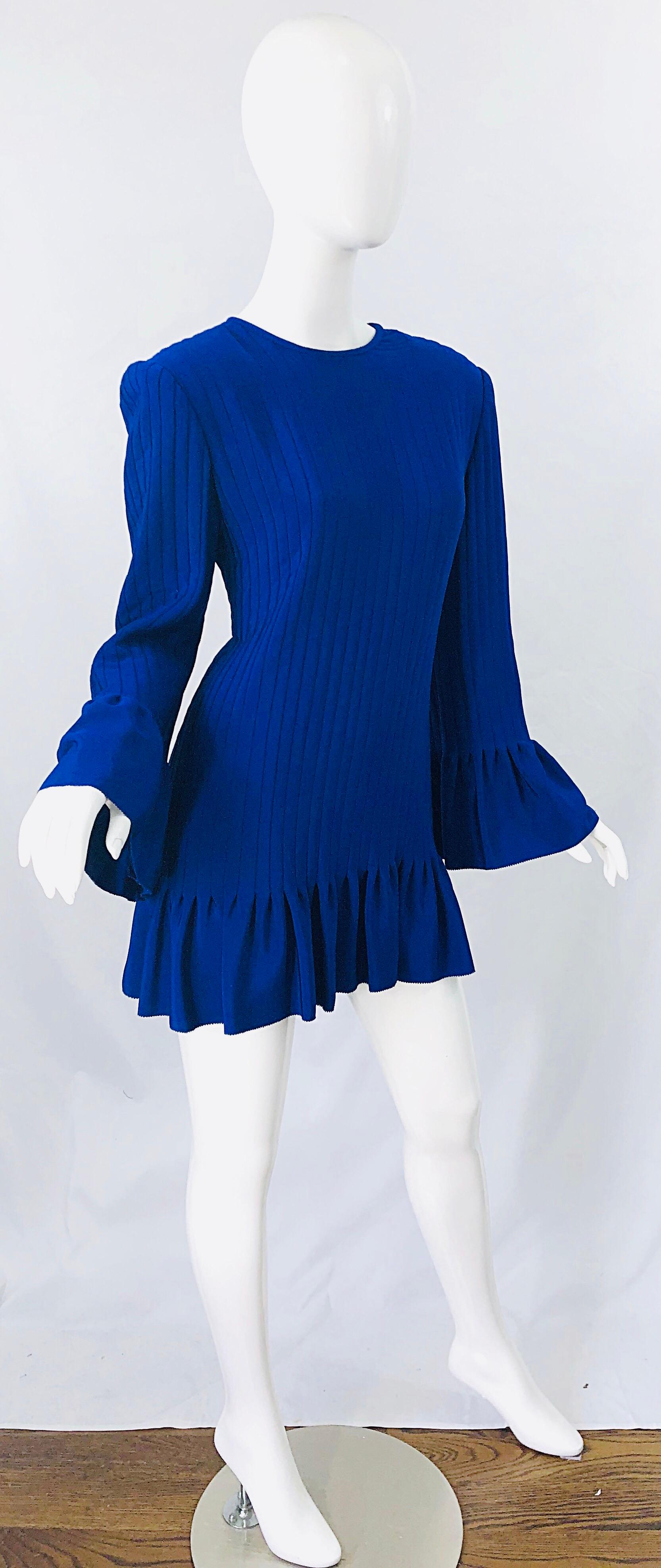 Vintage Tarquin Ebker Royal Blue 1980s Silk Pleated 80s Mini Dress Tunic Shirt 8