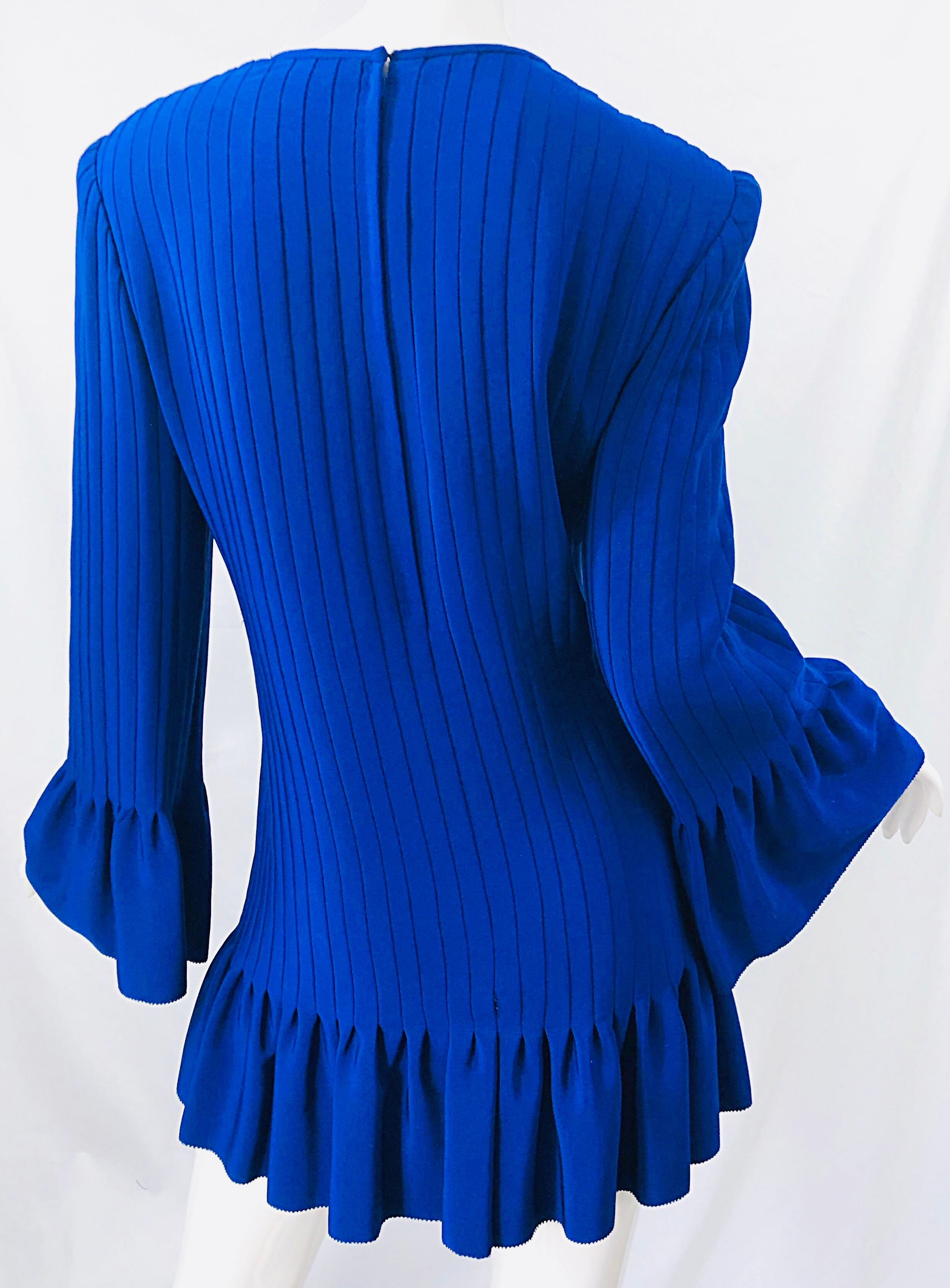 Vintage Tarquin Ebker Royal Blue 1980s Silk Pleated 80s Mini Dress Tunic Shirt 9