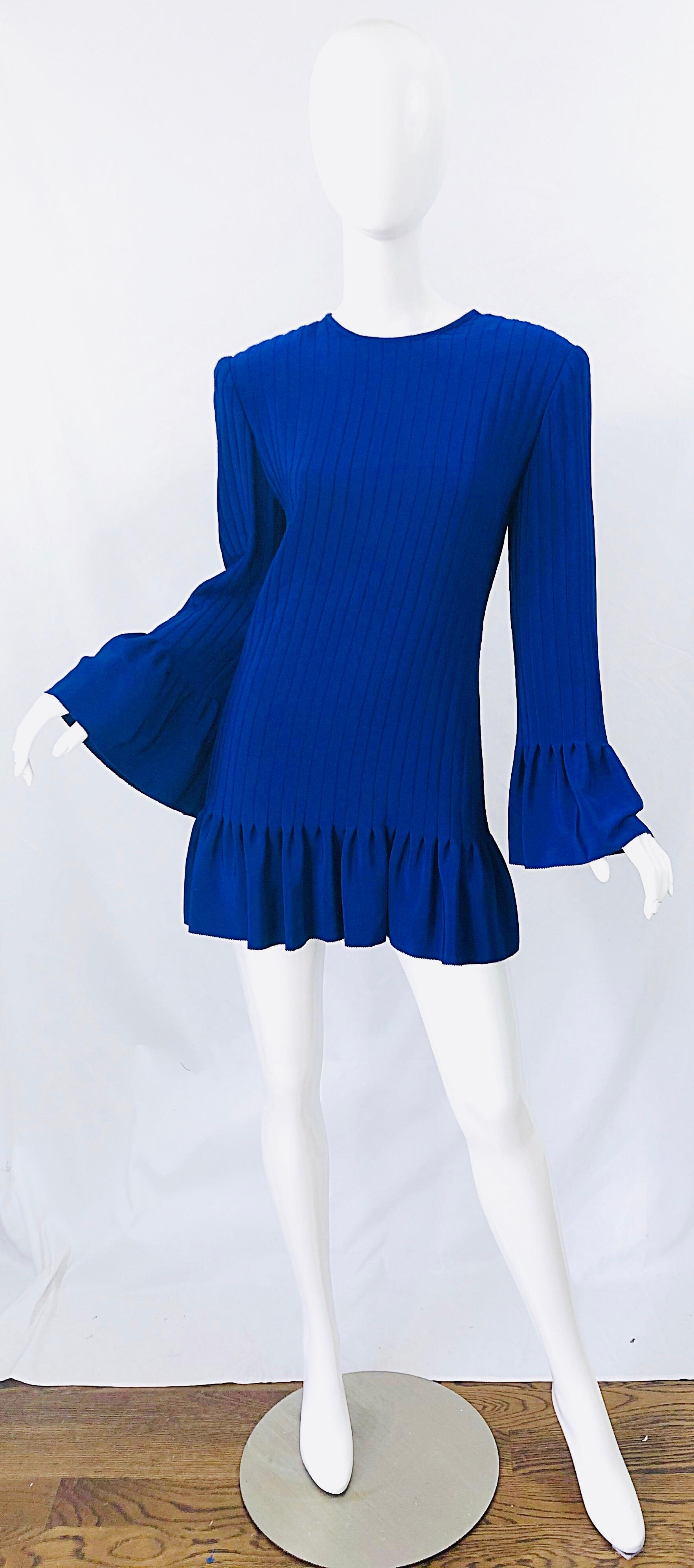 Vintage Tarquin Ebker Royal Blue 1980s Silk Pleated 80s Mini Dress Tunic Shirt 10