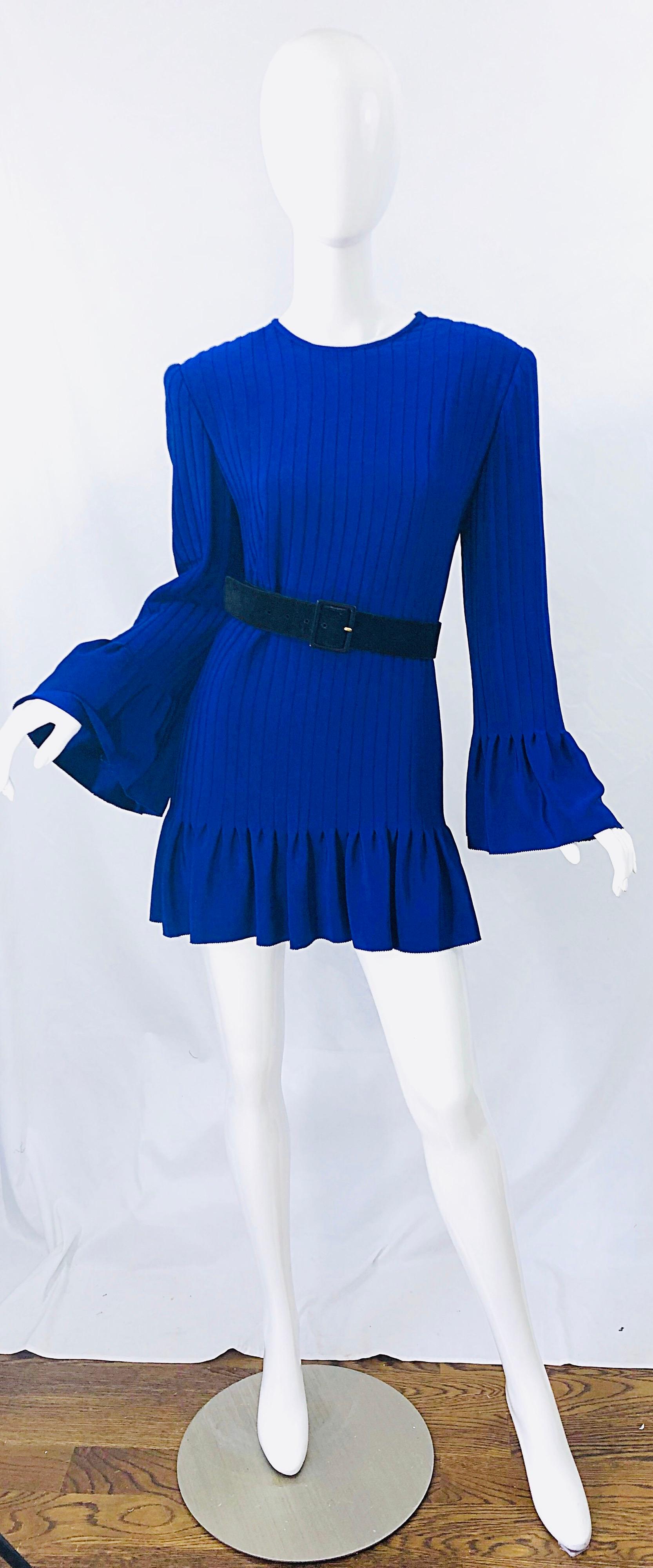 Vintage Tarquin Ebker Royal Blue 1980s Silk Pleated 80s Mini Dress Tunic Shirt In Excellent Condition In San Diego, CA