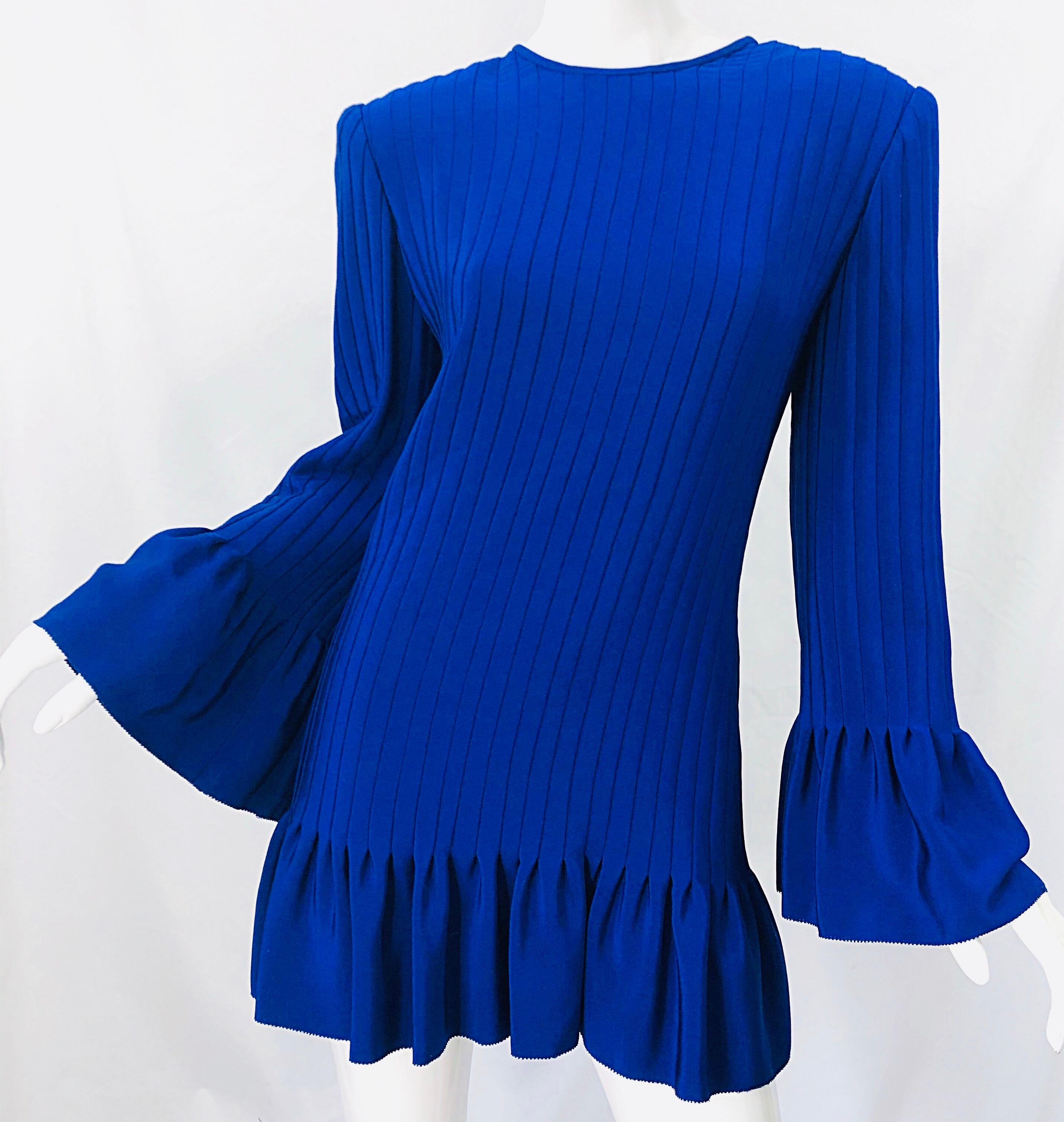 Women's Vintage Tarquin Ebker Royal Blue 1980s Silk Pleated 80s Mini Dress Tunic Shirt