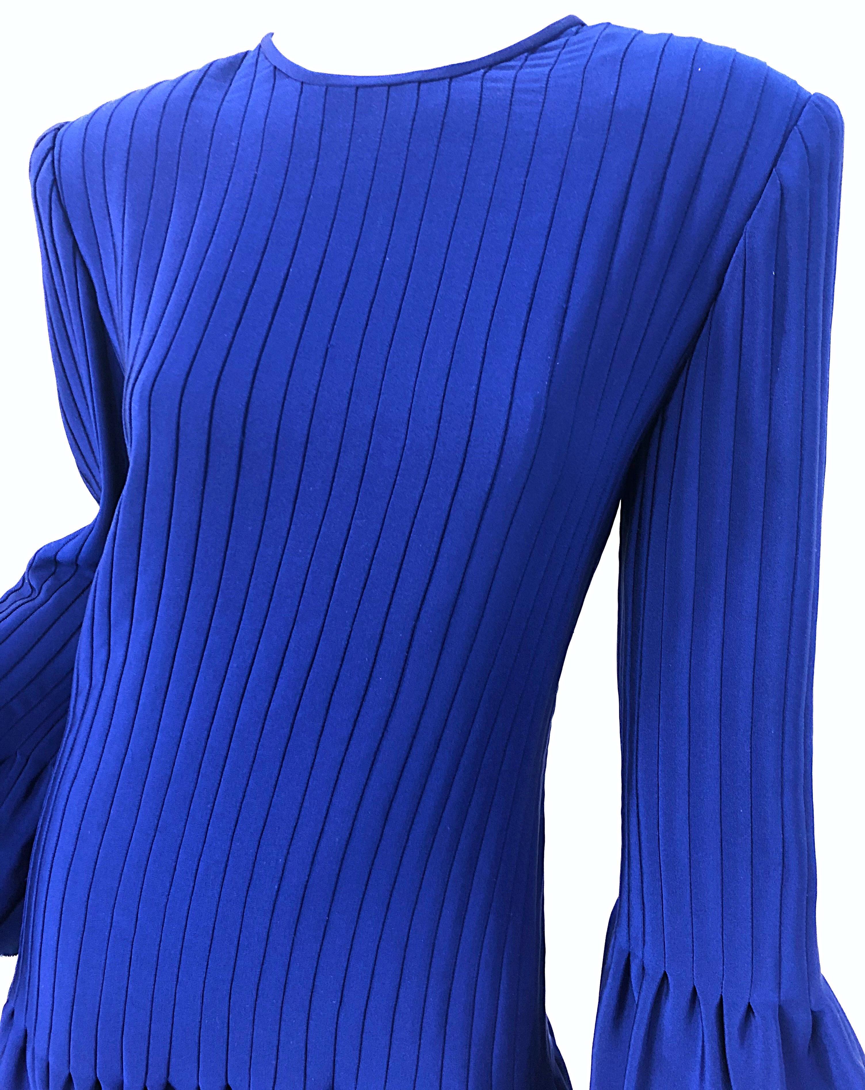 Vintage Tarquin Ebker Royal Blue 1980s Silk Pleated 80s Mini Dress Tunic Shirt 1