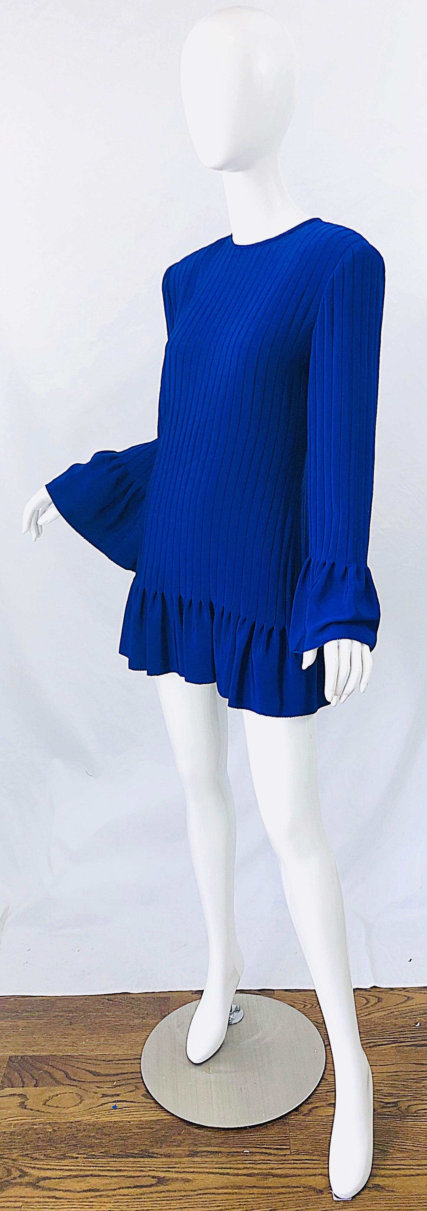 Vintage Tarquin Ebker Royal Blue 1980s Silk Pleated 80s Mini Dress Tunic Shirt 2