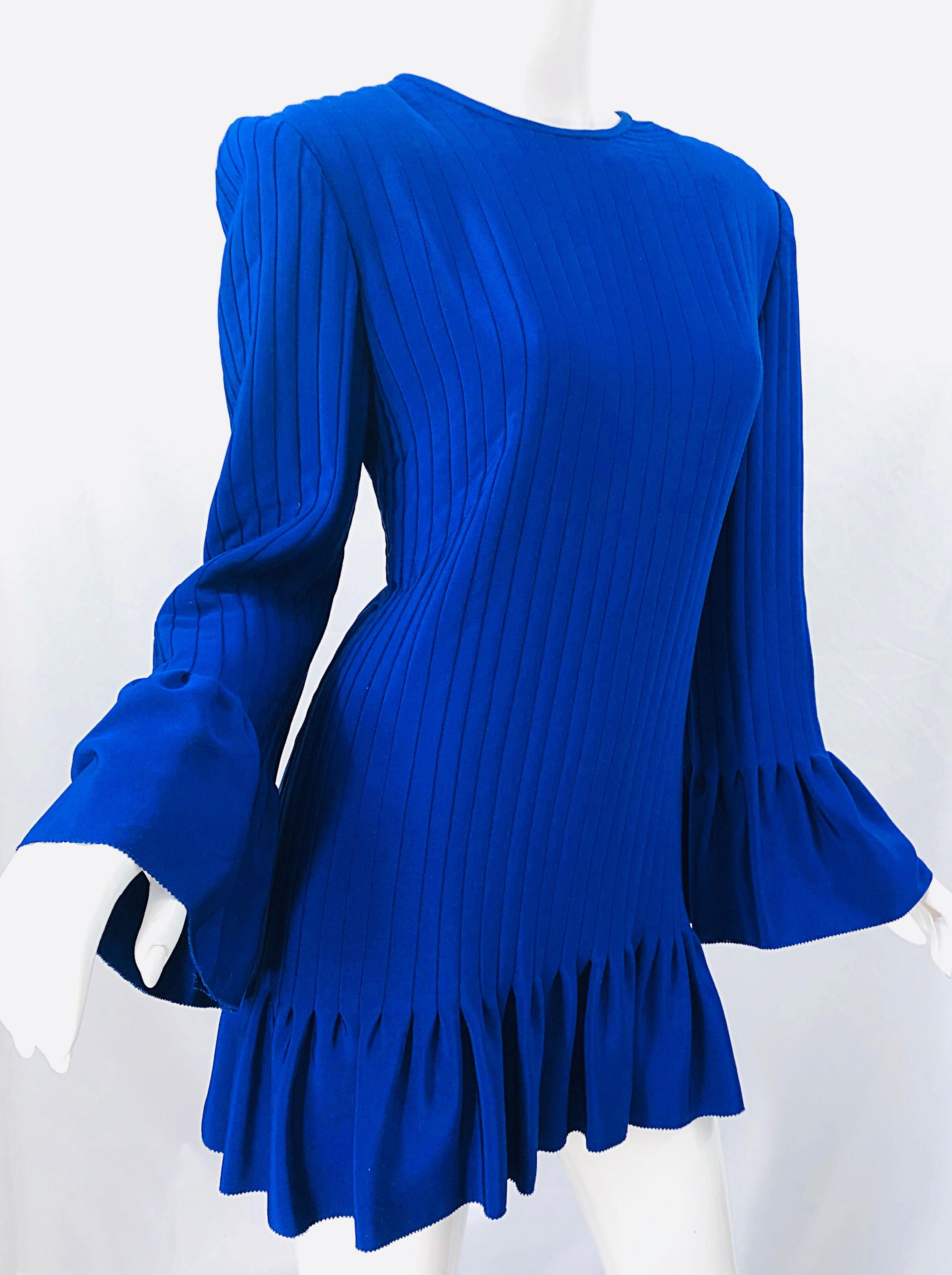 Vintage Tarquin Ebker Royal Blue 1980s Silk Pleated 80s Mini Dress Tunic Shirt 3