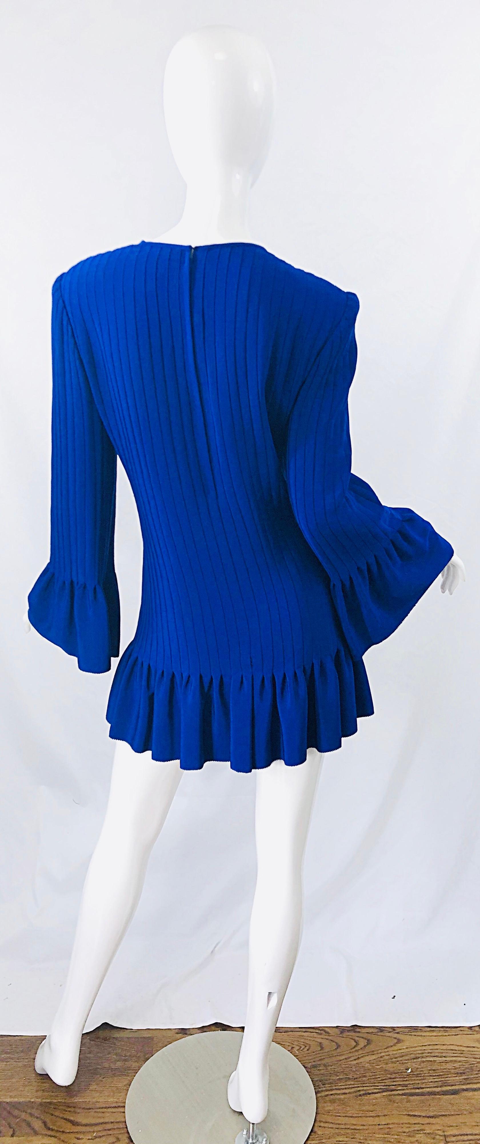 Vintage Tarquin Ebker Royal Blue 1980s Silk Pleated 80s Mini Dress Tunic Shirt 4