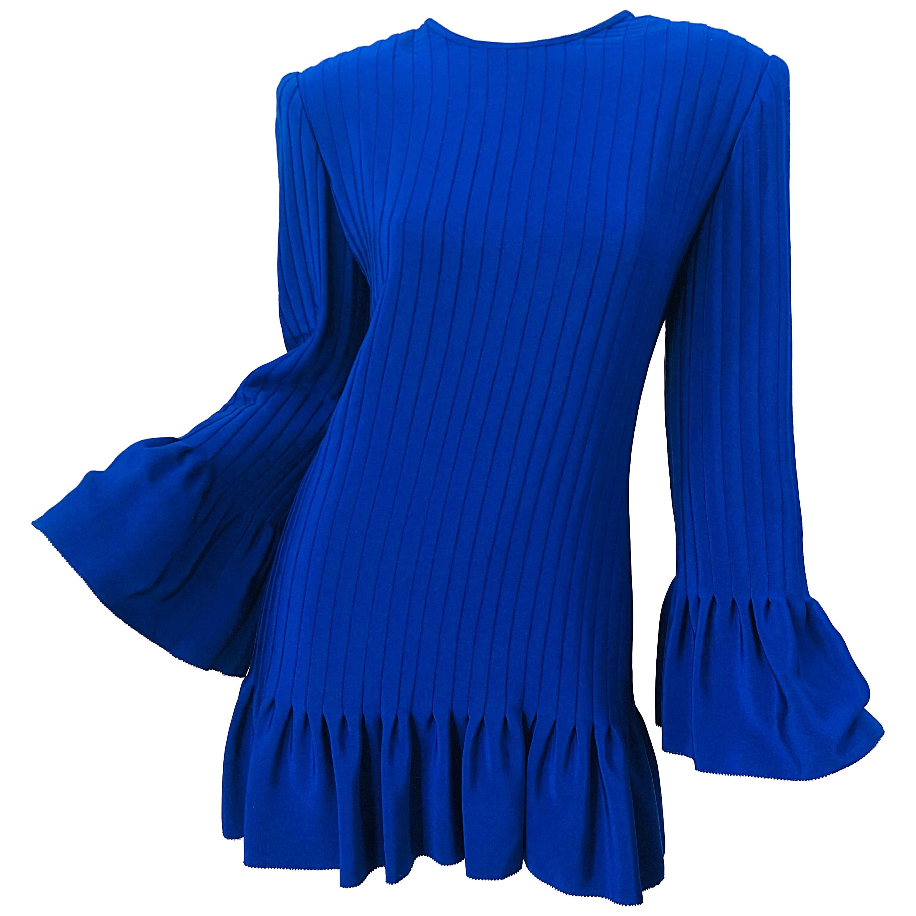 Vintage Tarquin Ebker Royal Blue 1980s Silk Pleated 80s Mini Dress Tunic Shirt