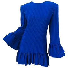 Vintage Tarquin Ebker Königsblau 1980er Seide plissiert 80er Mini Kleid Tunika Shirt