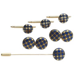 Vintage Tartan Enamel and 14 Karat Gold Dress-Set with Cufflinks and Tie Pin