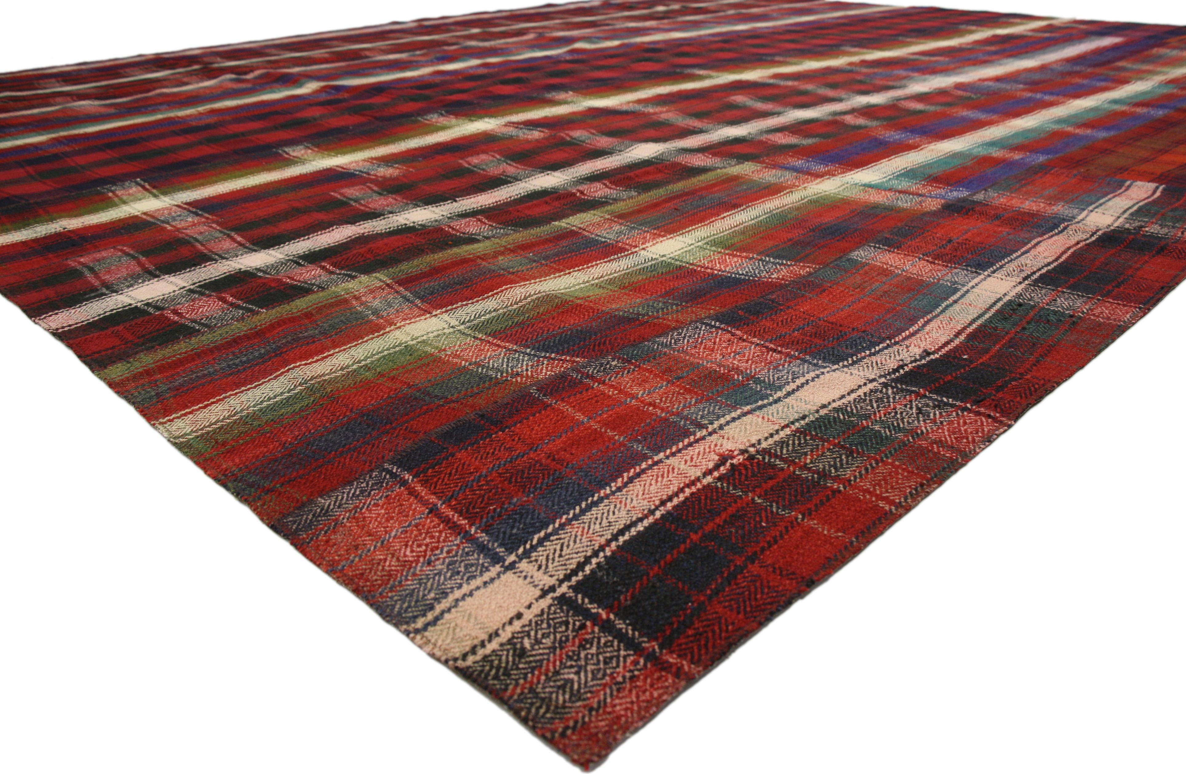 60814 Vintage Plaid Kilim Rug with Timeless Tartan Charm and Luxe Ralph Lauren Style. Warm and welcoming, conjure the feeling of modern rustic charm with this hand-woven wool vintage tartan plaid area rug. Masculine prep combined with timeless