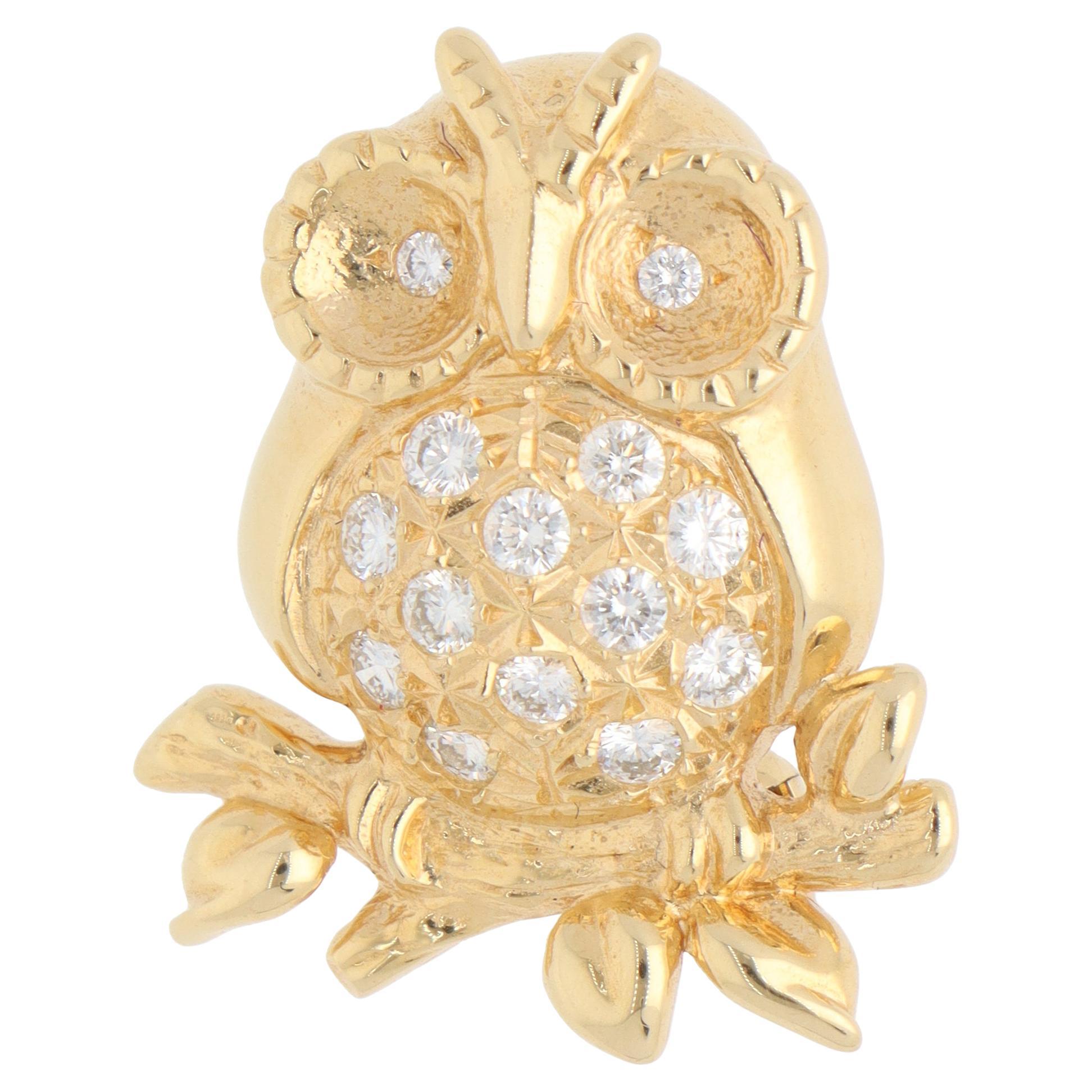 Broche vintage Tasaki Búho de Diamantes en Oro Amarillo