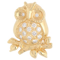 Vintage Tasaki Diamond Owl Brooch in Yellow Gold