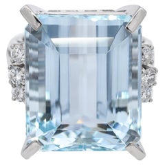 Vintage Tasaki Platinum 24.63ct Aquamarine and Diamond Ring