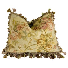 Vintage tasseled floral Aubusson tapestry pillow