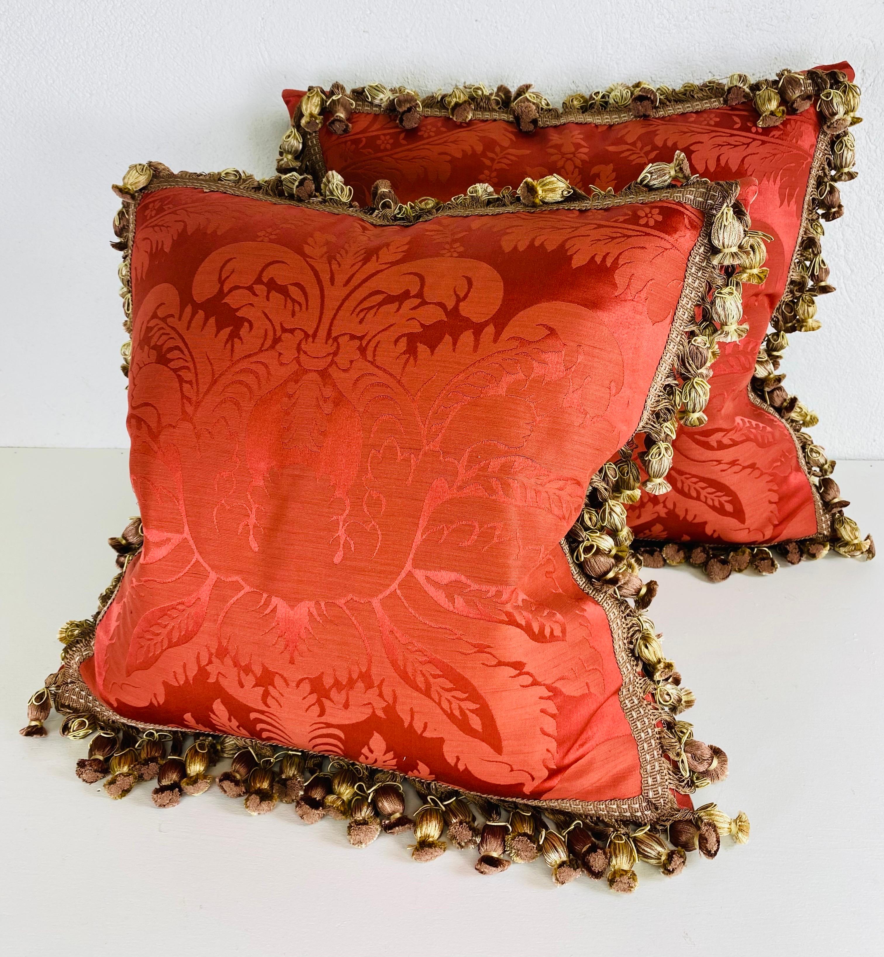 Hand-Crafted Vintage tasseled Scalamandre silk pillows/pair