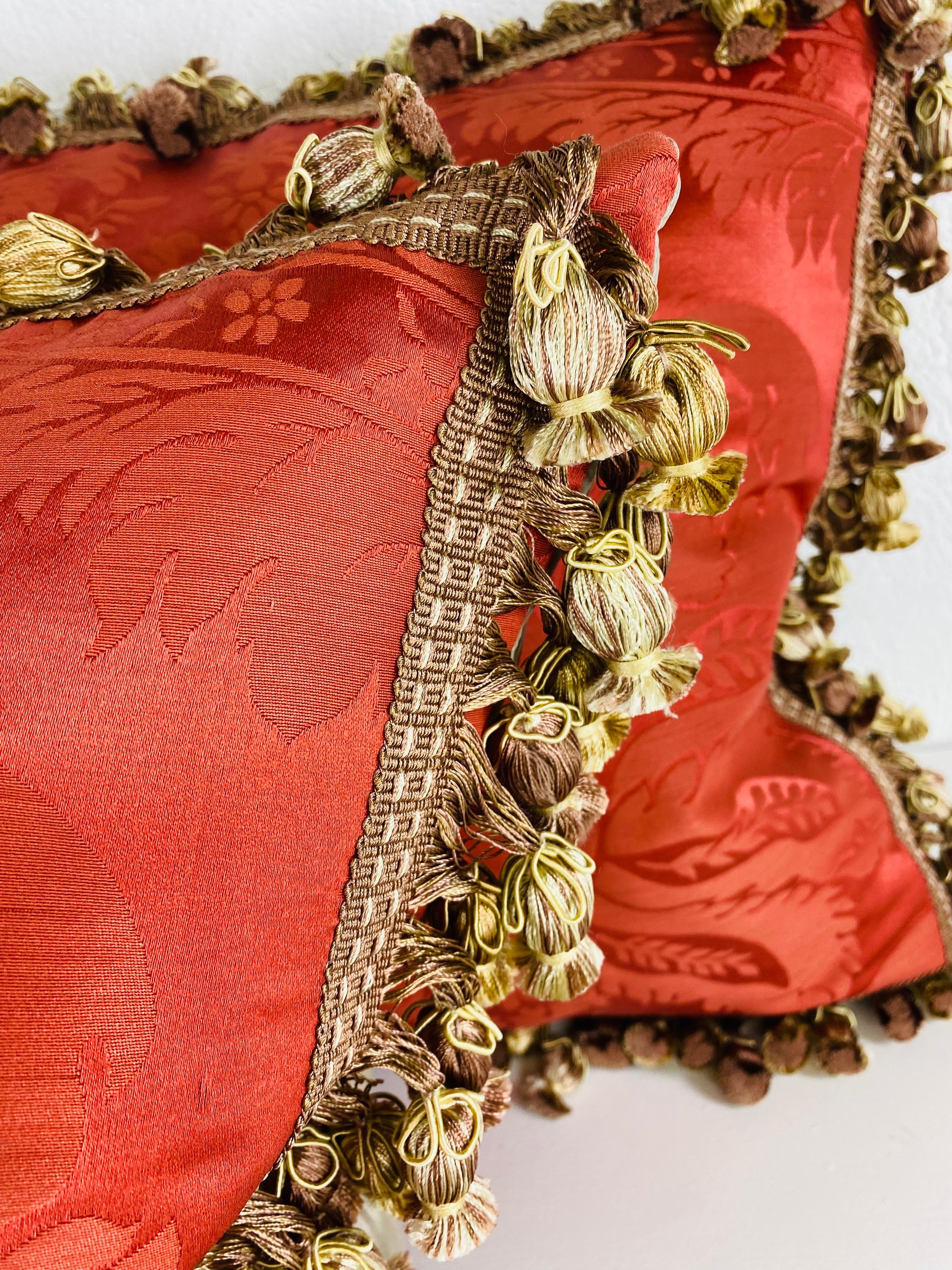 Contemporary Vintage tasseled Scalamandre silk pillows/pair