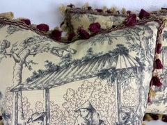 Vintage tasseled Schumacher chinoiserie toile pillows/a pair