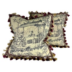 Vintage tasseled Schumacher chinoiserie toile pillows/a pair