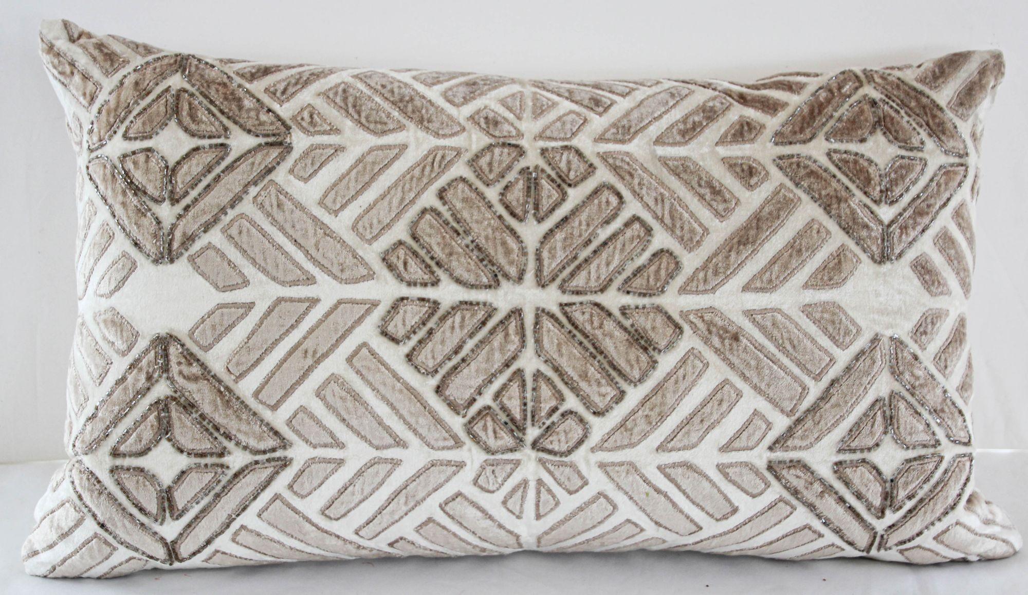 Vintage Taupe and Ivory Cut Velvet Pillow with Metallic Beads For Sale 7