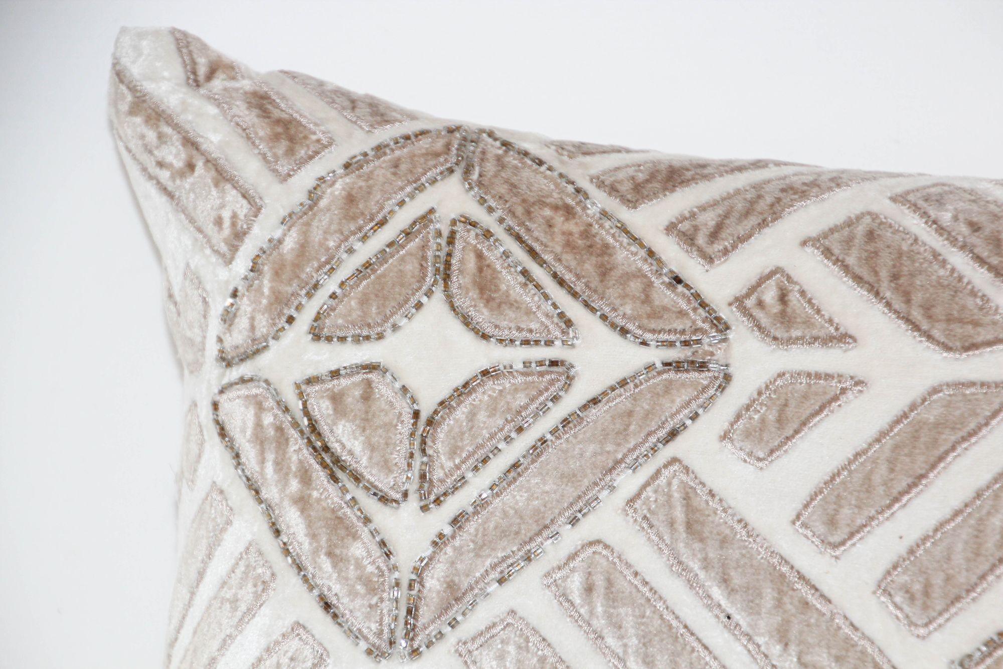 Moorish Vintage Taupe and Ivory Cut Velvet Pillow with Metallic Beads For Sale