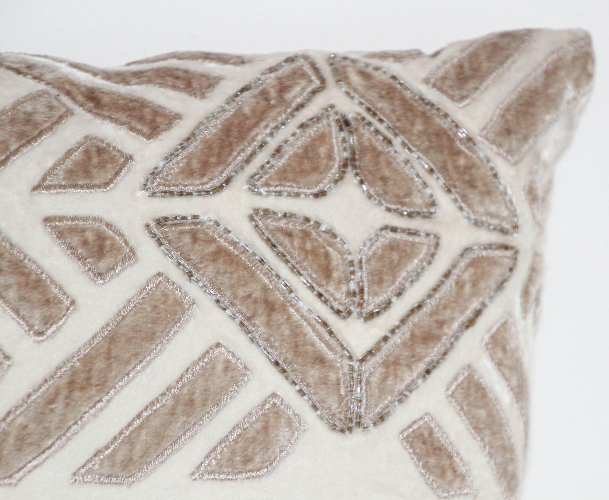 Vintage Taupe and Ivory Cut Velvet Pillow with Metallic Beads In Good Condition For Sale In North Hollywood, CA