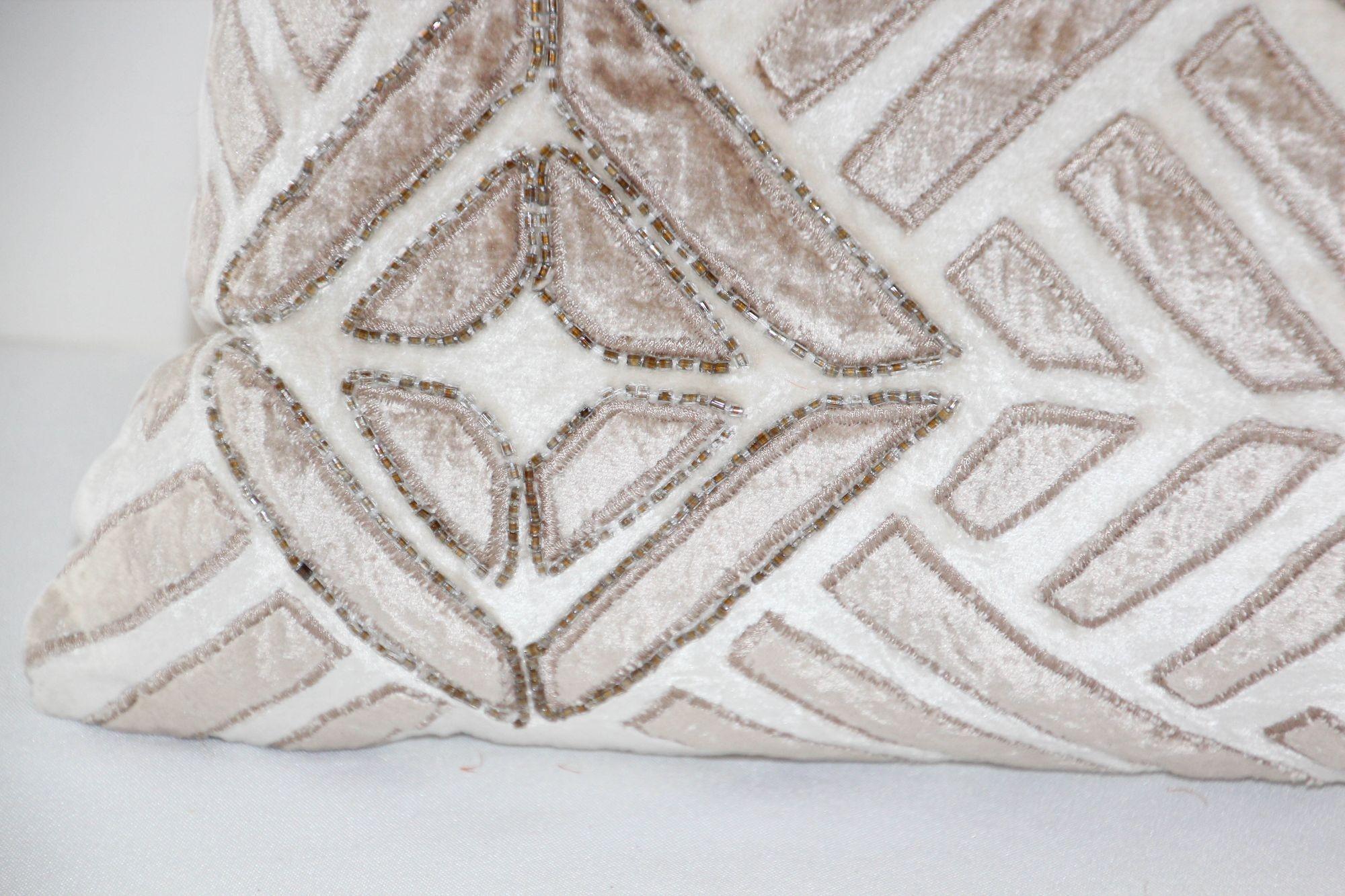Vintage Taupe and Ivory Cut Velvet Pillow with Metallic Beads For Sale 1