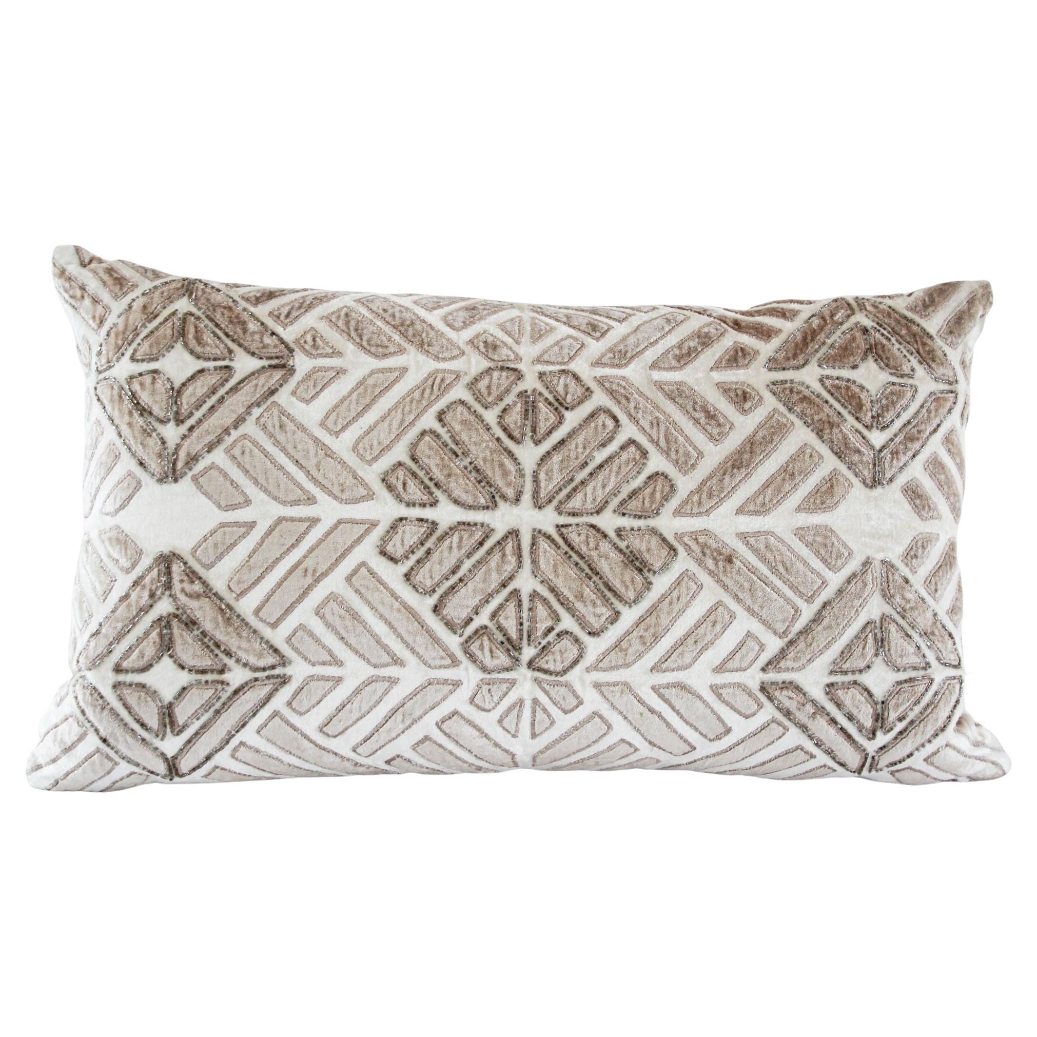 Vintage Taupe and Ivory Cut Velvet Pillow with Metallic Beads For Sale
