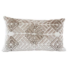 Retro Taupe and Ivory Cut Velvet Pillow with Metallic Beads