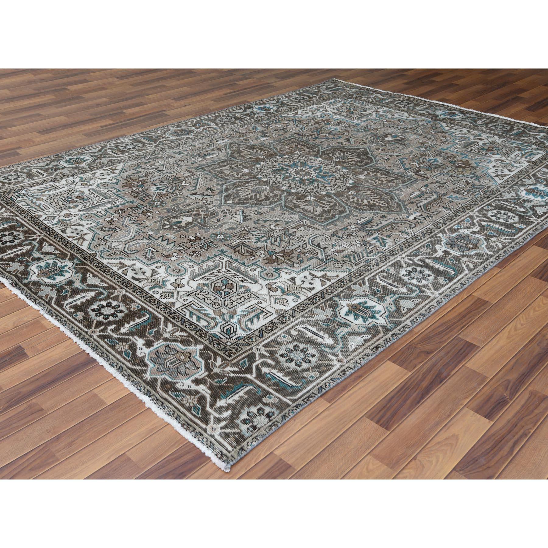Hand-Knotted Vintage Taupe Persian Heriz Clean Hand Knotted Oriental Rug