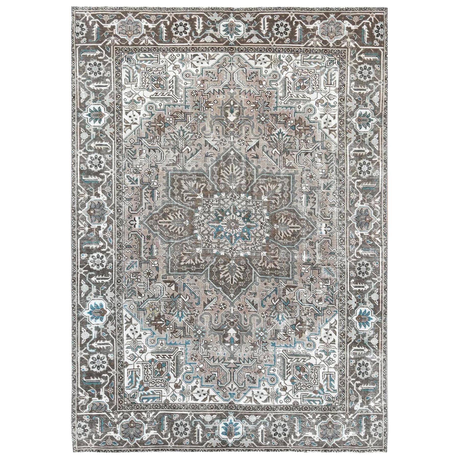 Vintage Taupe Persian Heriz Clean Hand Knotted Oriental Rug