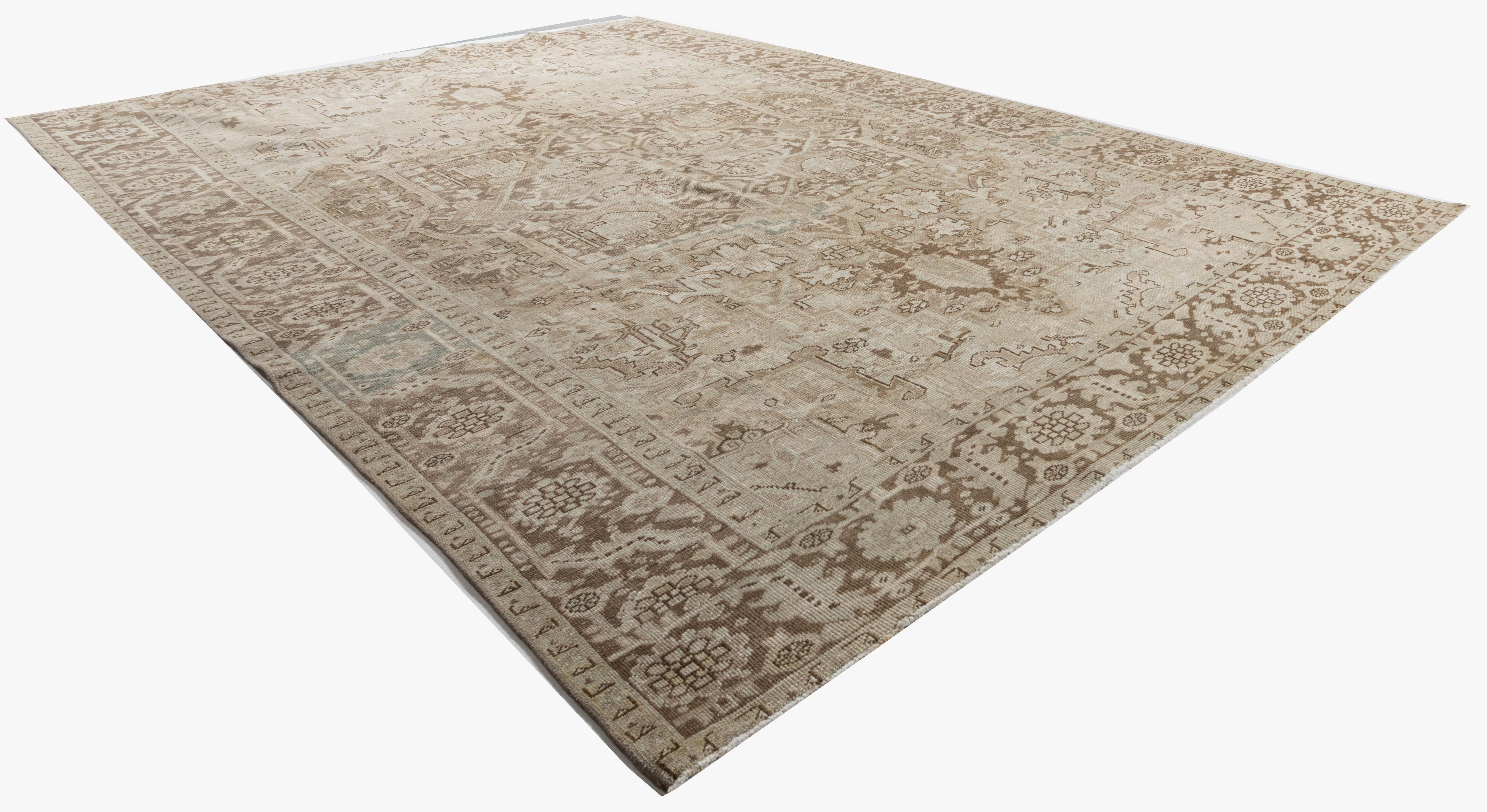 Noué à la main Tapis persan Heriz Vintage Taupe 8'4 x 11'4 en vente