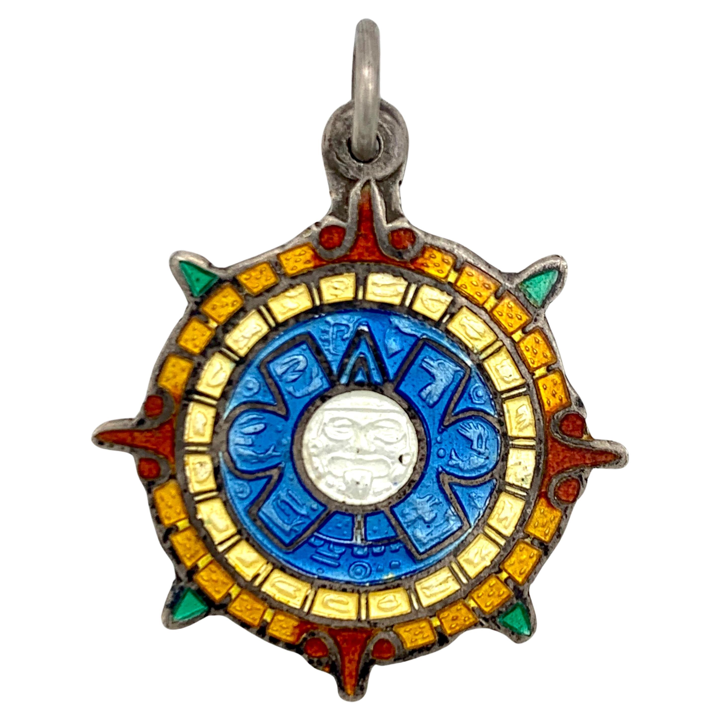 Vintage Taxco Aztec Motif Polychrome Guilloché Enamel Sterling Silver Pendant