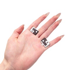 Gemelli vintage in argento sterling e legno, in stile modernista messicano con motivi geometrici di Taxco