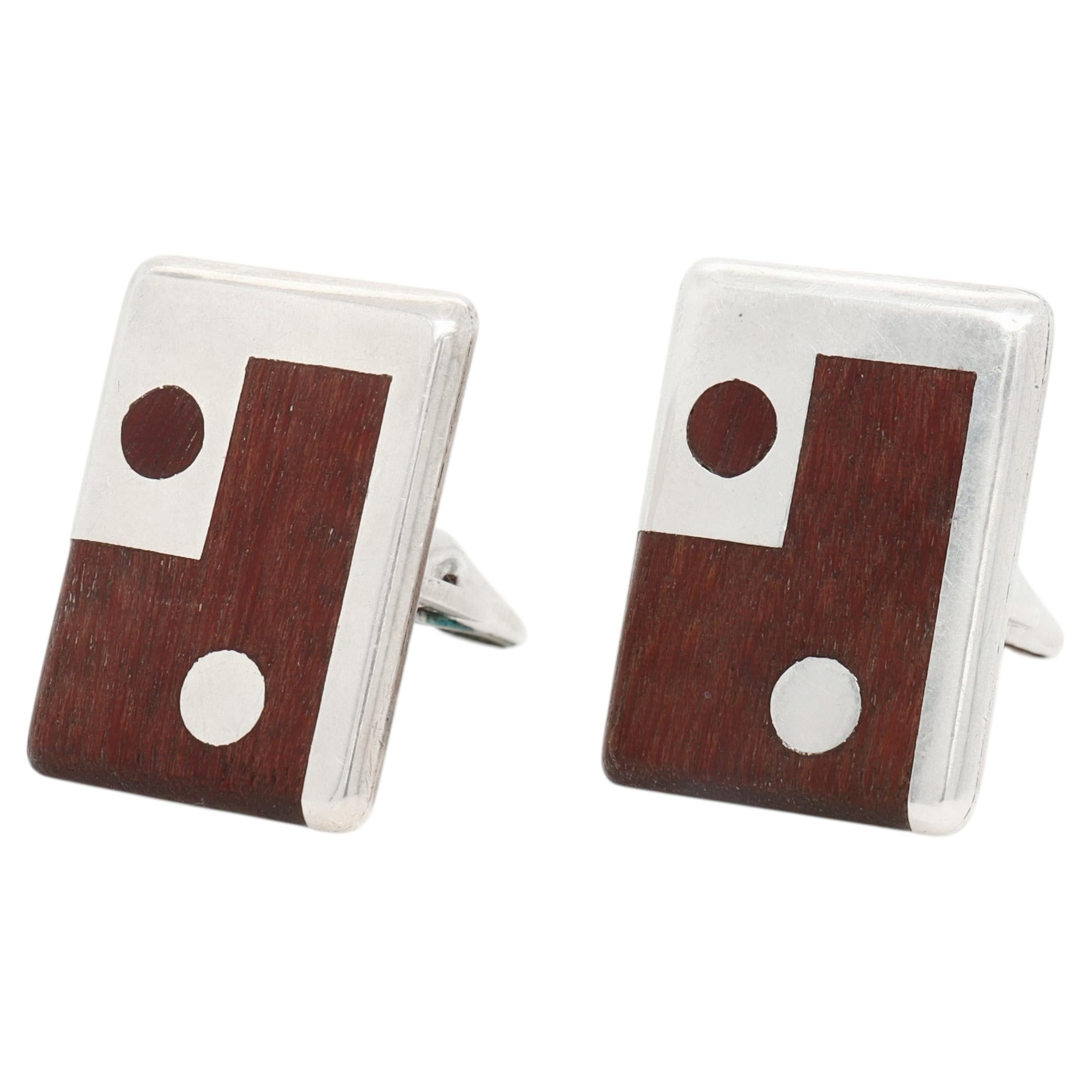 Vintage Taxco Geometric Mexican Modernist Sterling Silver & Wood Cufflinks