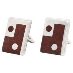 Boutons de manchette vintage de Taxco, de style moderniste mexicain, en argent massif et bois, aux motifs géométriques