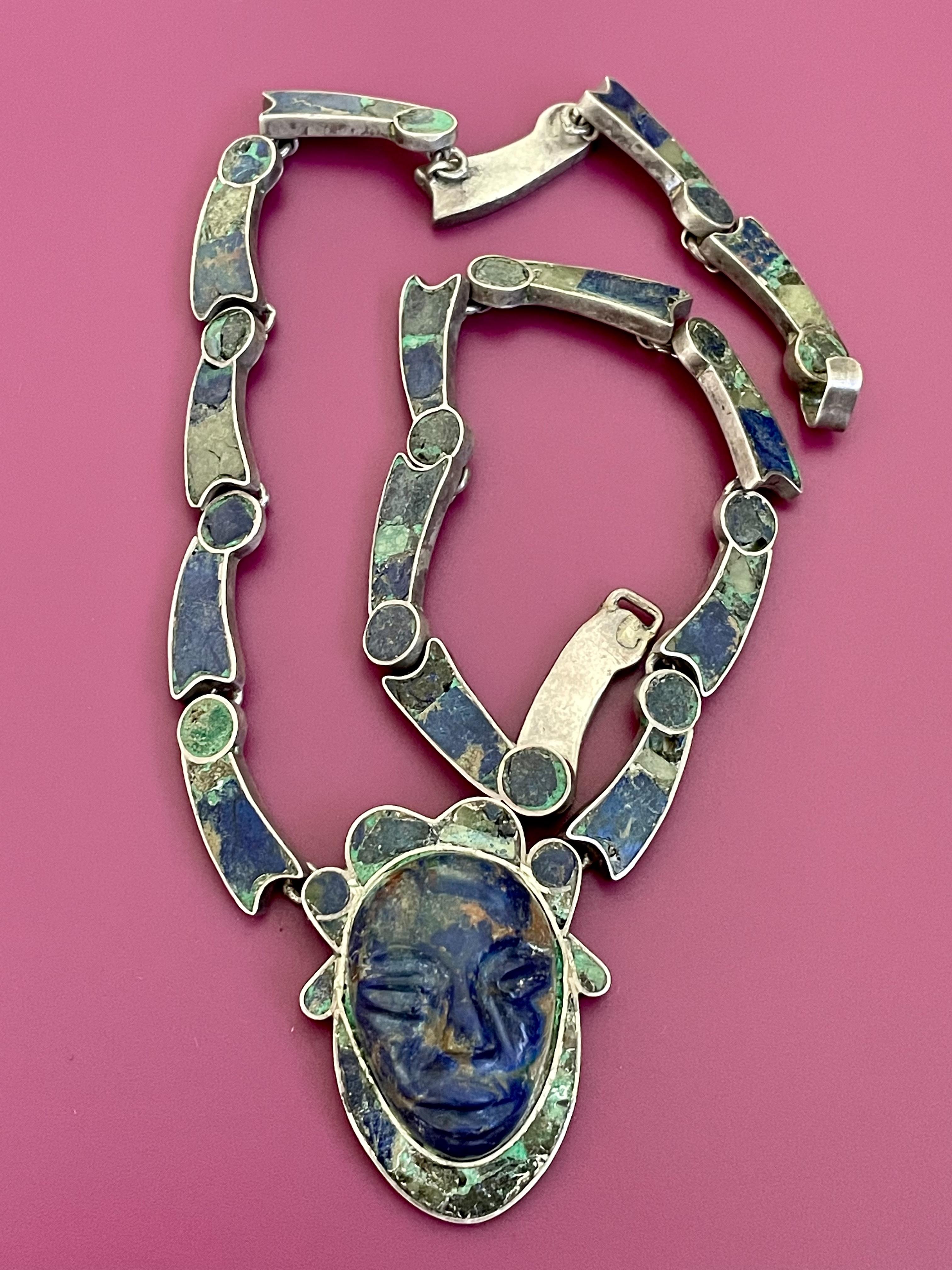 Women's Vintage Taxco Inlay Stone Warrior Pendant and Sterling Silver Necklace For Sale