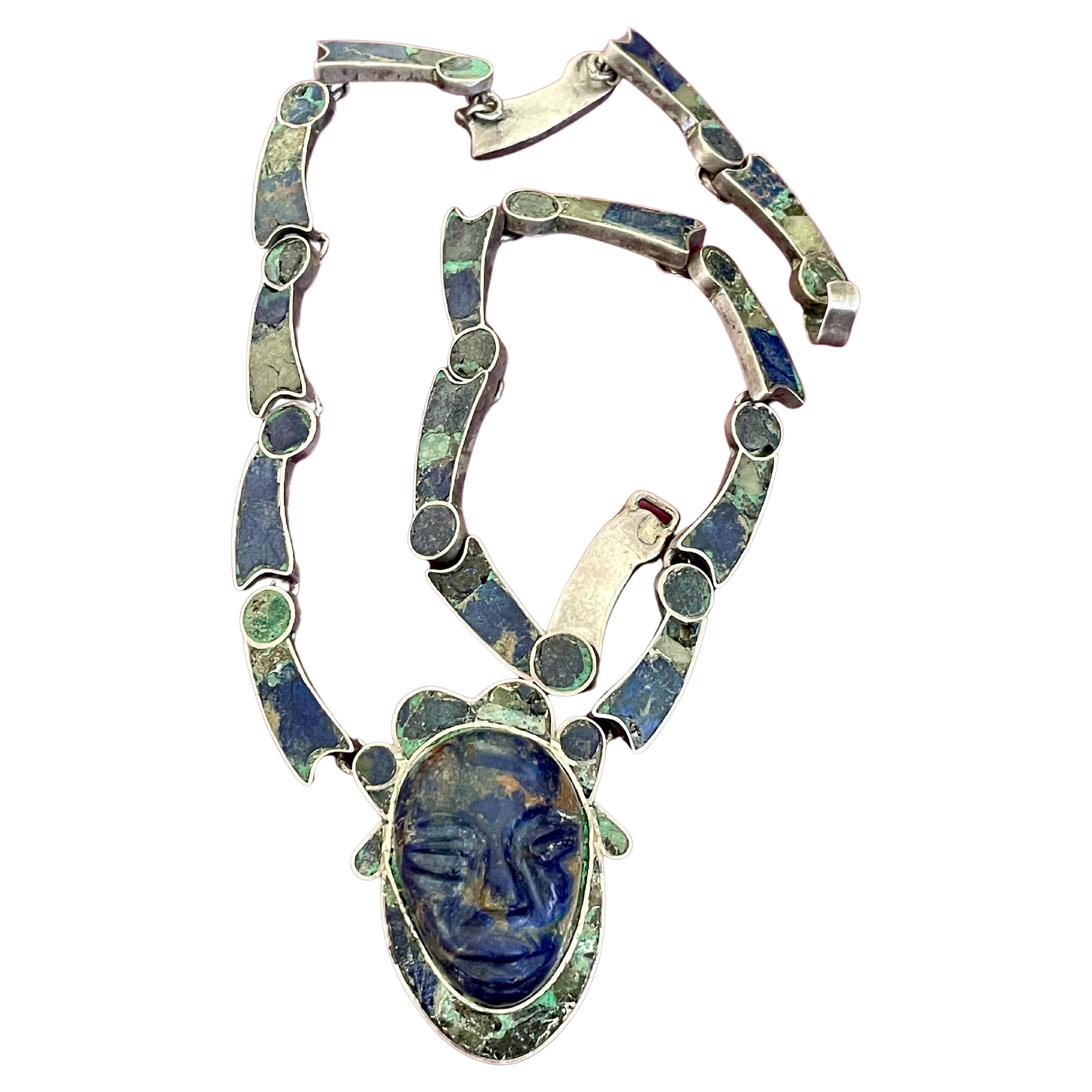 Vintage Taxco Inlay Stone Warrior Pendant and Sterling Silver Necklace For Sale