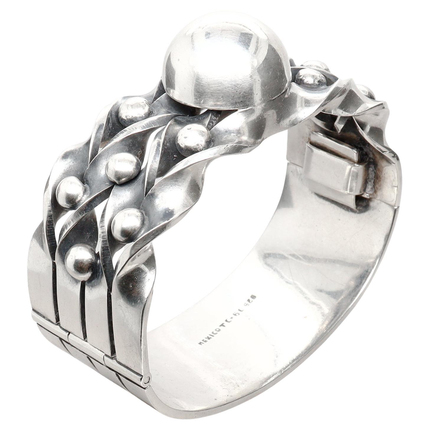 Vintage Taxco Mexican Sterling Silver Modernist Hinged Bangle Bracelet