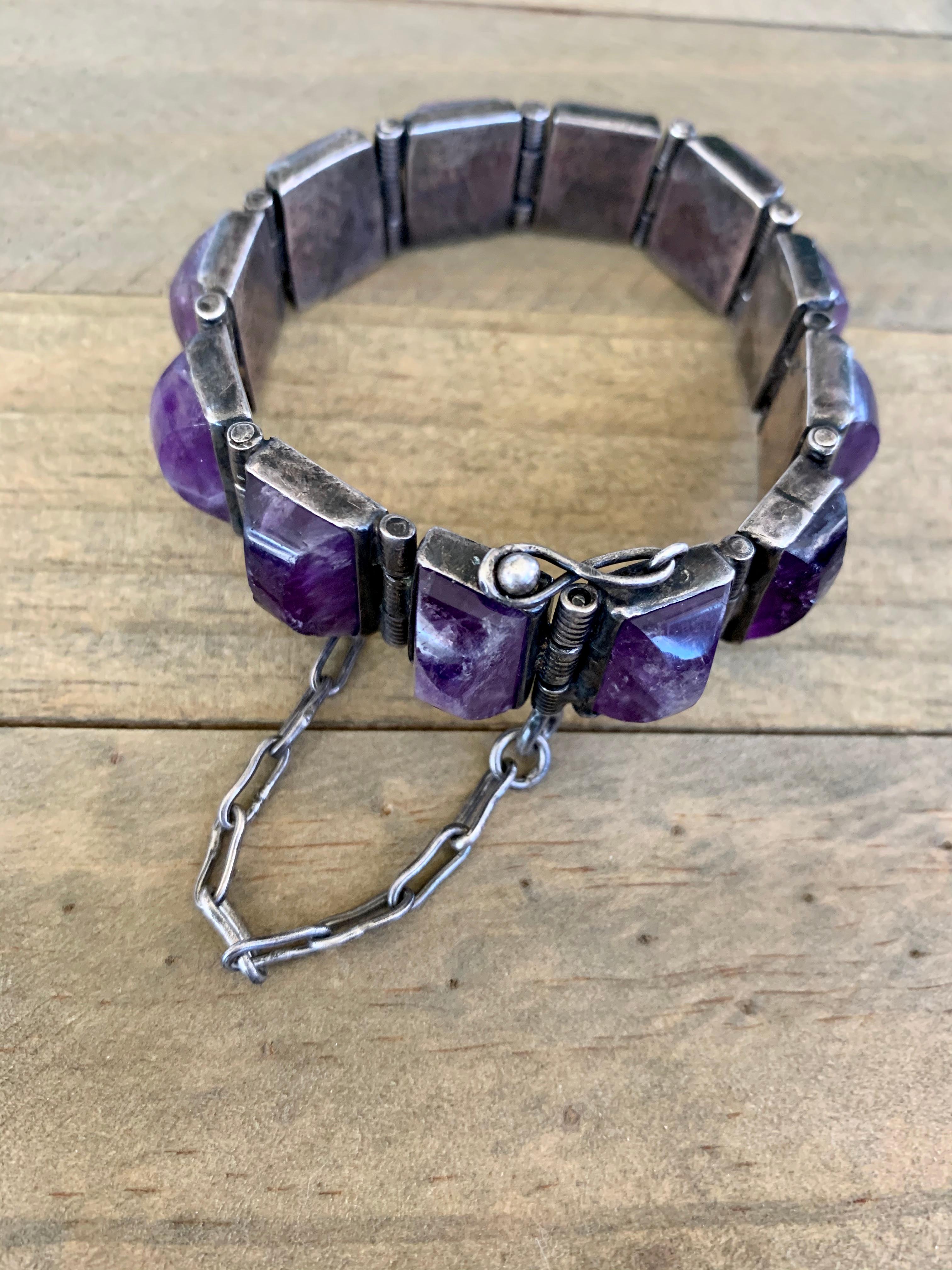 Square Cut Vintage Taxco Silver and Amethyst Quartz Bracelet For Sale