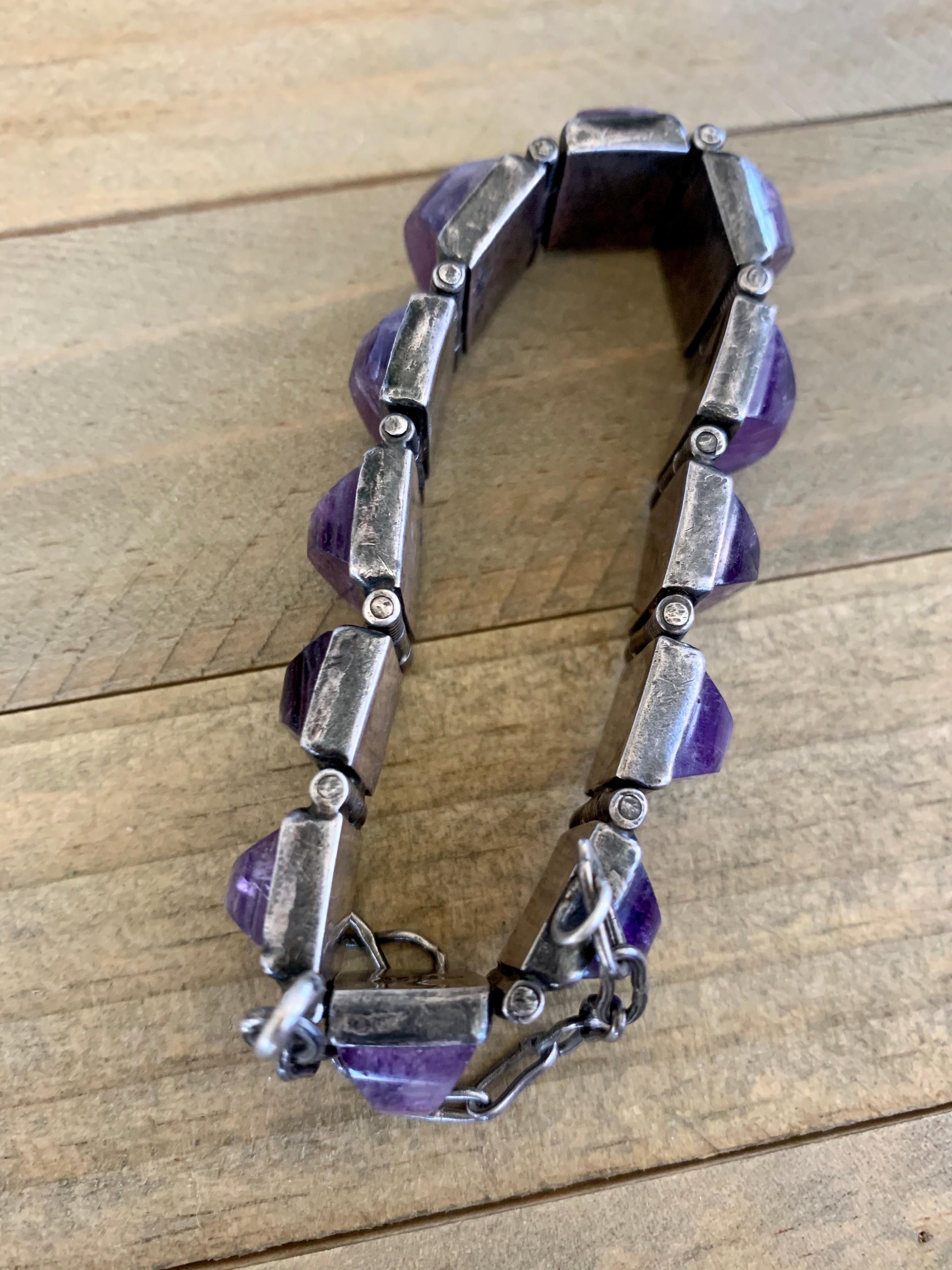 Vintage Taxco Silver and Amethyst Quartz Bracelet In Good Condition For Sale In St. Louis Park, MN