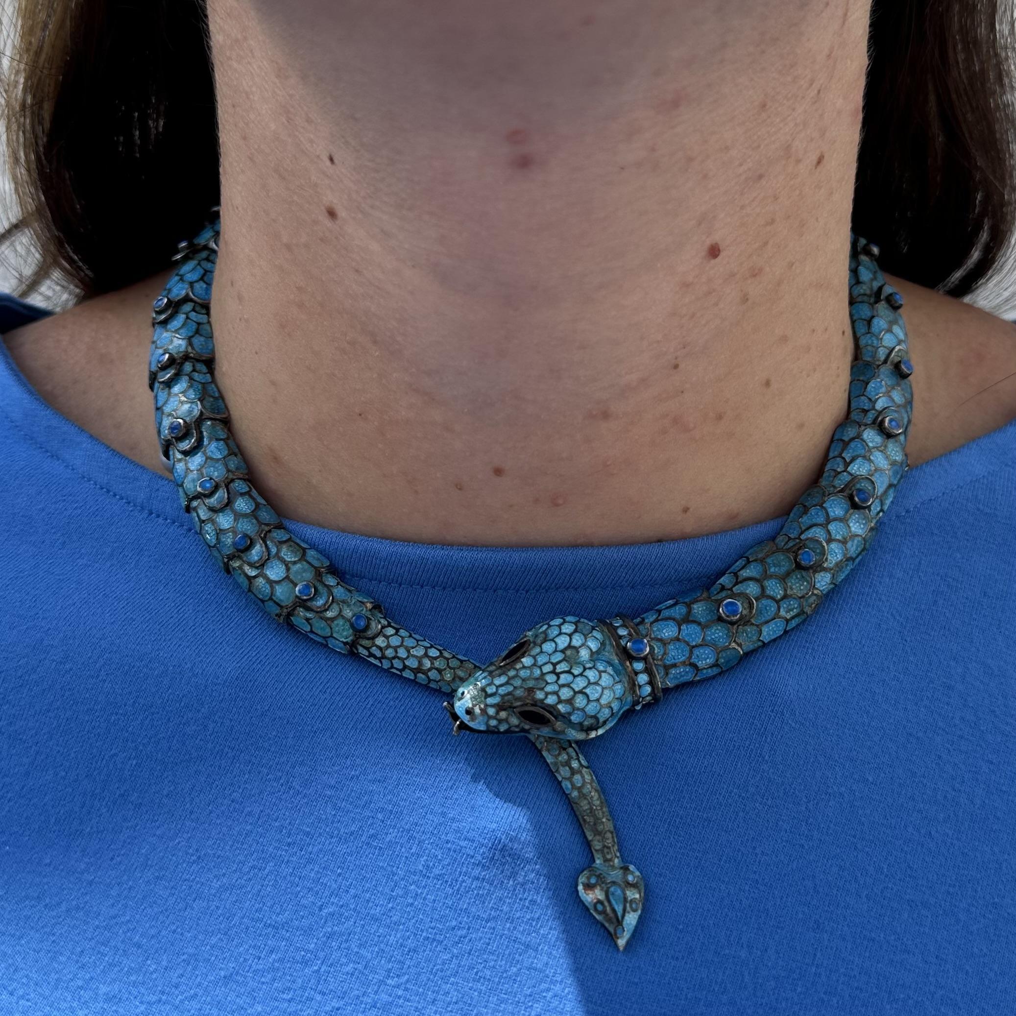 Vintage Taxco Silver Blue Enamel & Stone Detailed Articulated Snake Necklace (Collier serpent articulé) 7