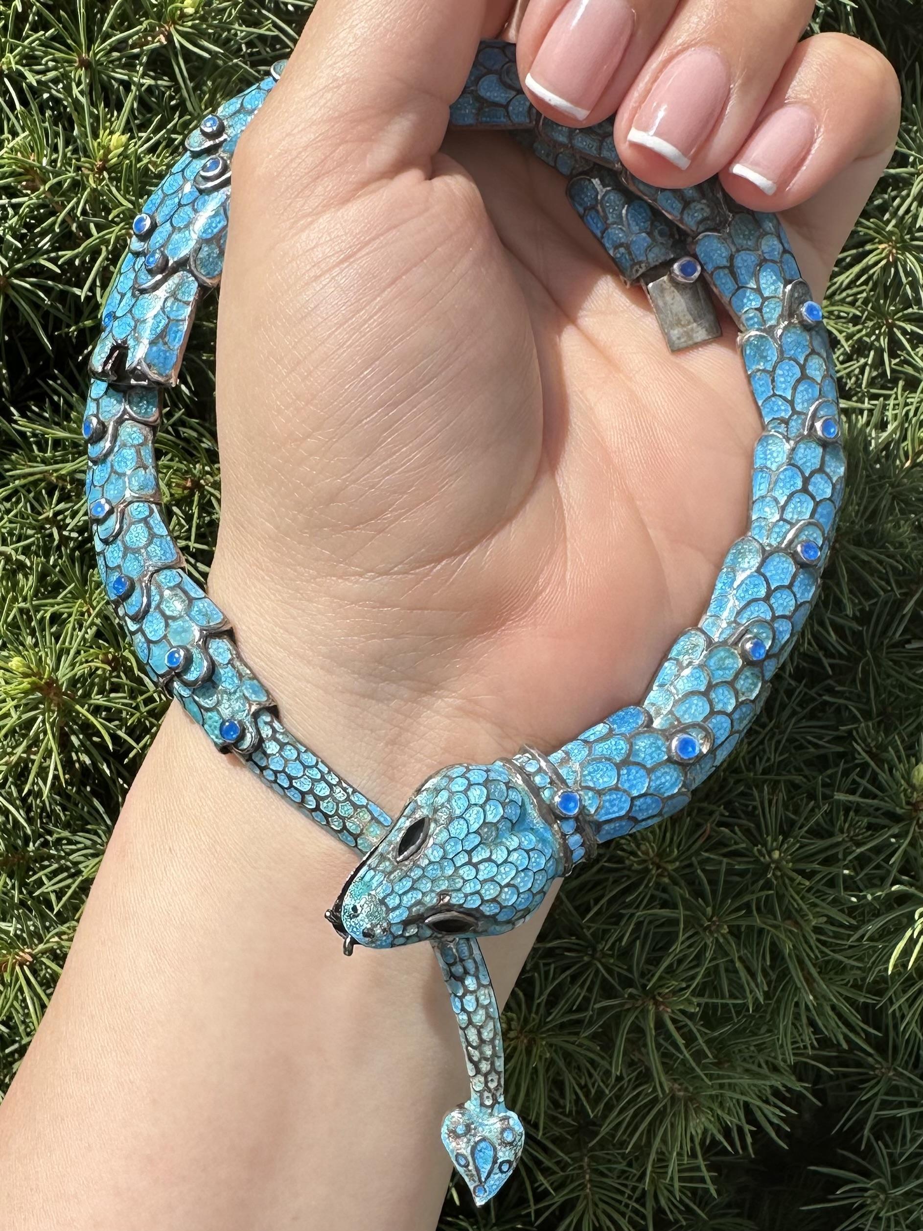 Vintage Taxco Silver Blue Enamel & Stone Detailed Articulated Snake Necklace (Collier serpent articulé) 8