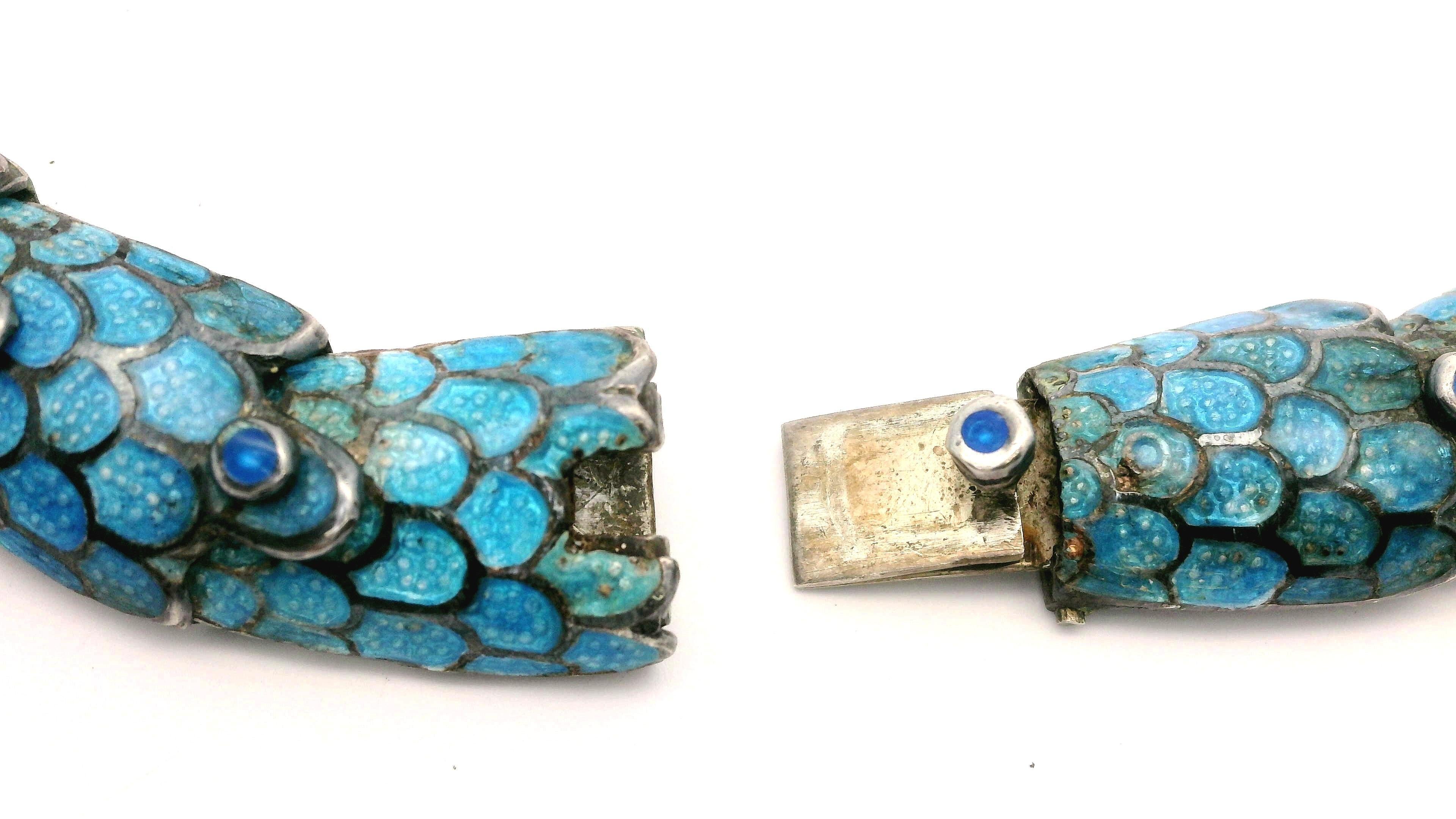 Vintage Taxco Silver Blue Enamel & Stone Detailed Articulated Snake Necklace (Collier serpent articulé) Bon état à Montclair, NJ