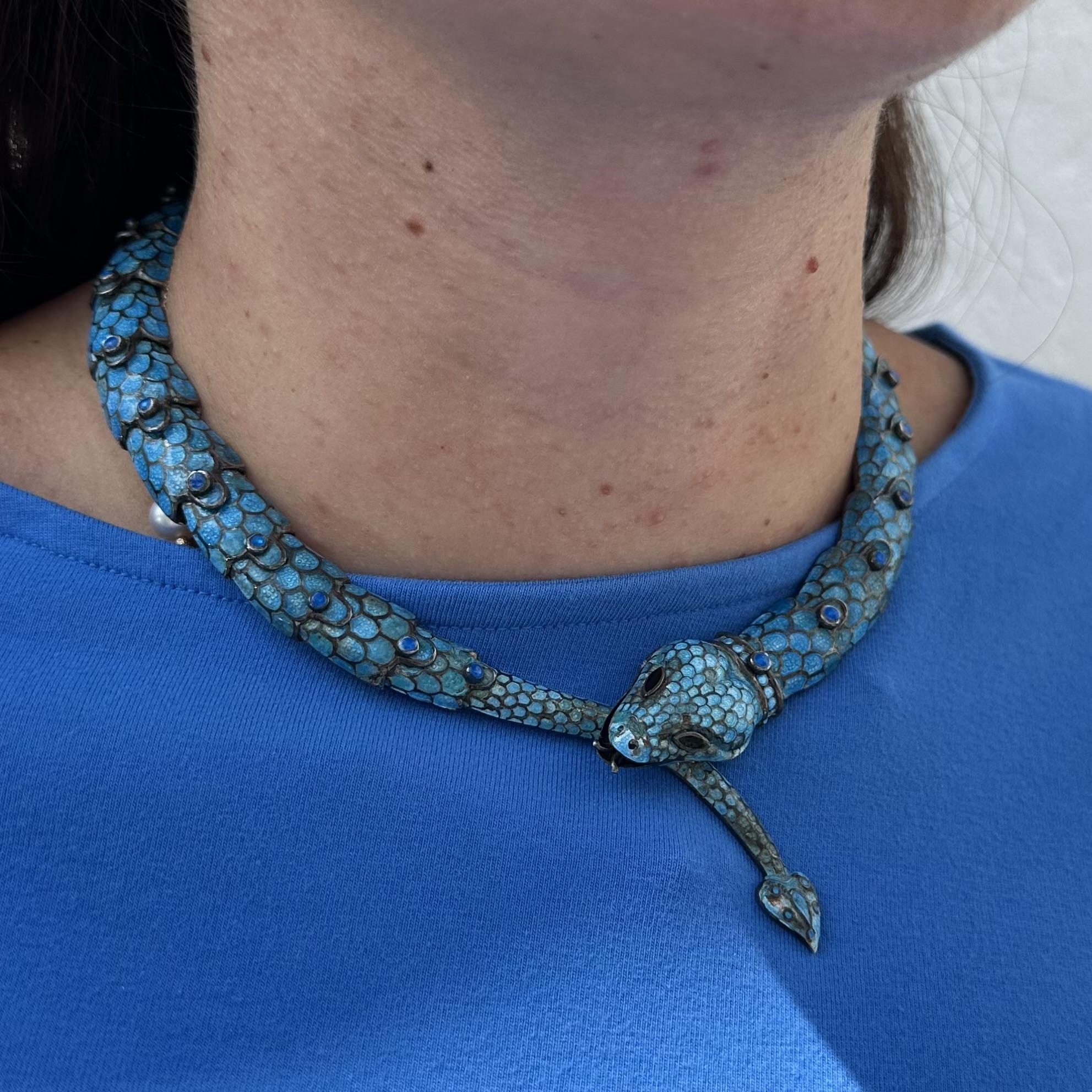 Vintage Taxco Silver Blue Enamel & Stone Detailed Articulated Snake Necklace (Collier serpent articulé) 2