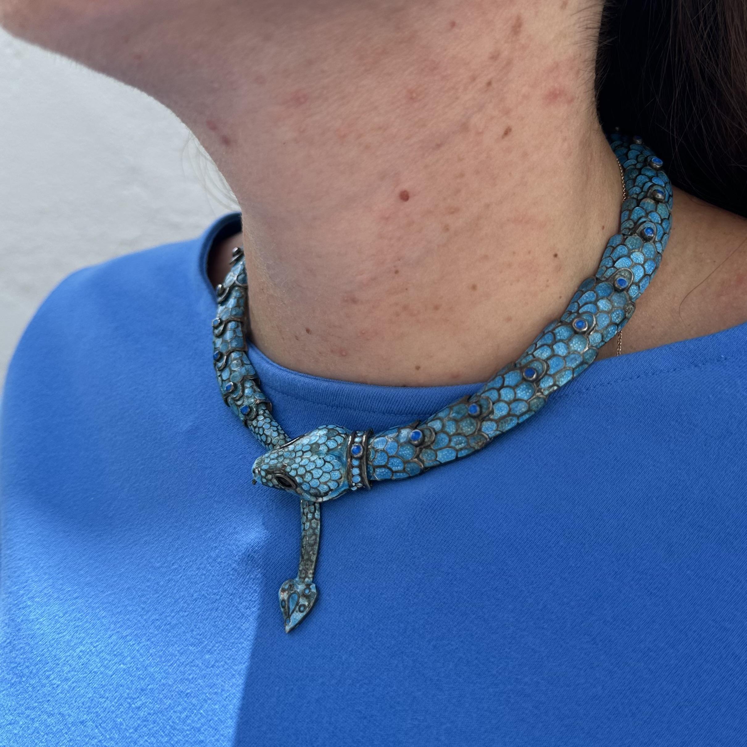 Vintage Taxco Silver Blue Enamel & Stone Detailed Articulated Snake Necklace (Collier serpent articulé) 3
