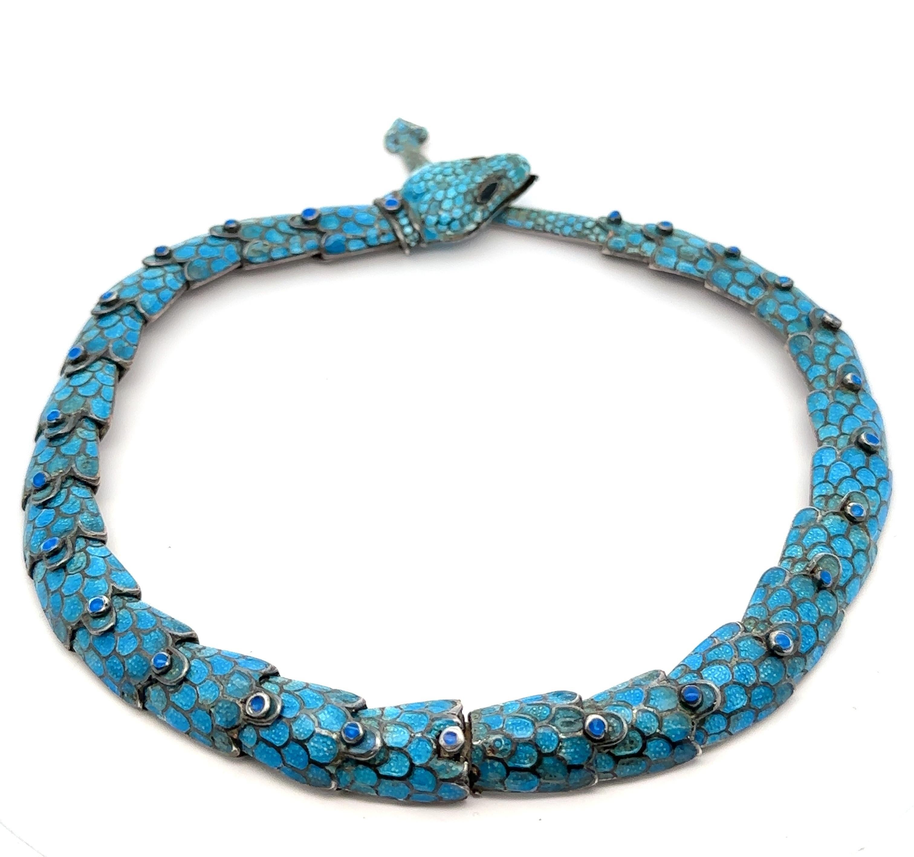 Vintage Taxco Silver Blue Enamel & Stone Detailed Articulated Snake Necklace (Collier serpent articulé) 4