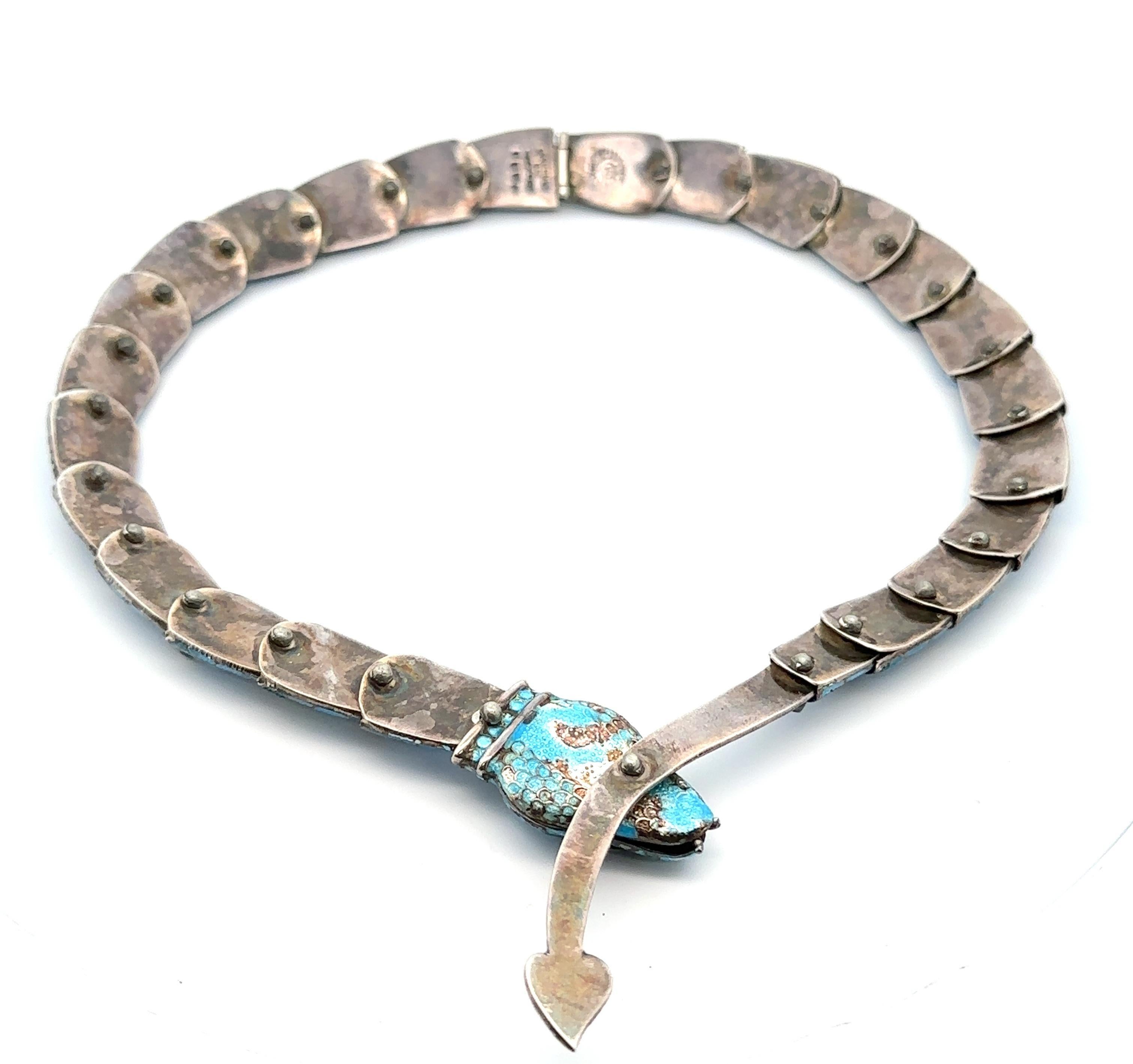 Vintage Taxco Silver Blue Enamel & Stone Detailed Articulated Snake Necklace (Collier serpent articulé) 5