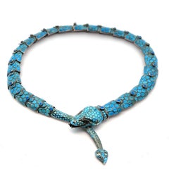 Vintage Taxco Silver Blue Enamel & Stone Detailed Articulated Snake Necklace
