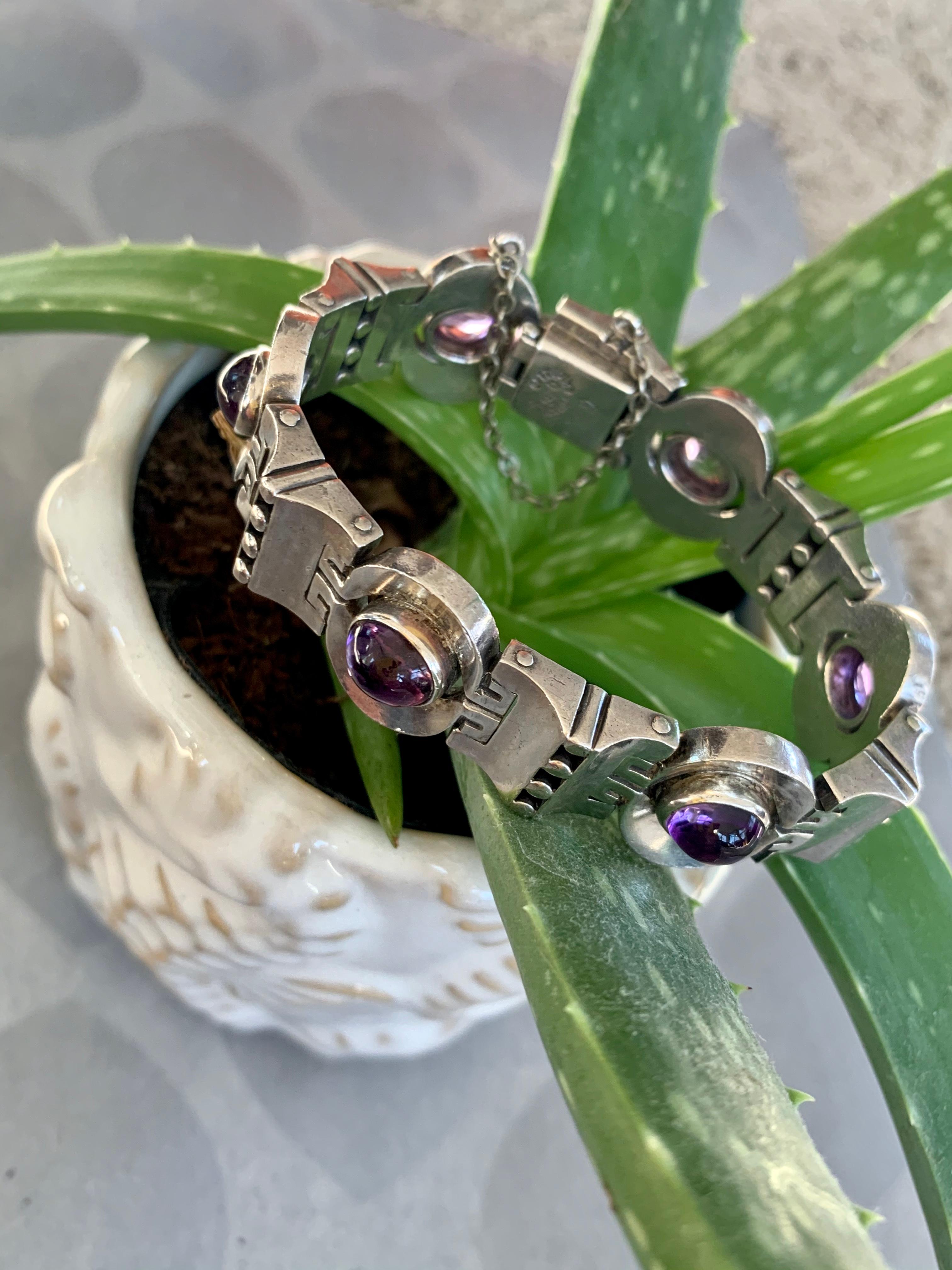 Cabochon Vintage TAXCO Sterling Silver and Amethyst Bracelet