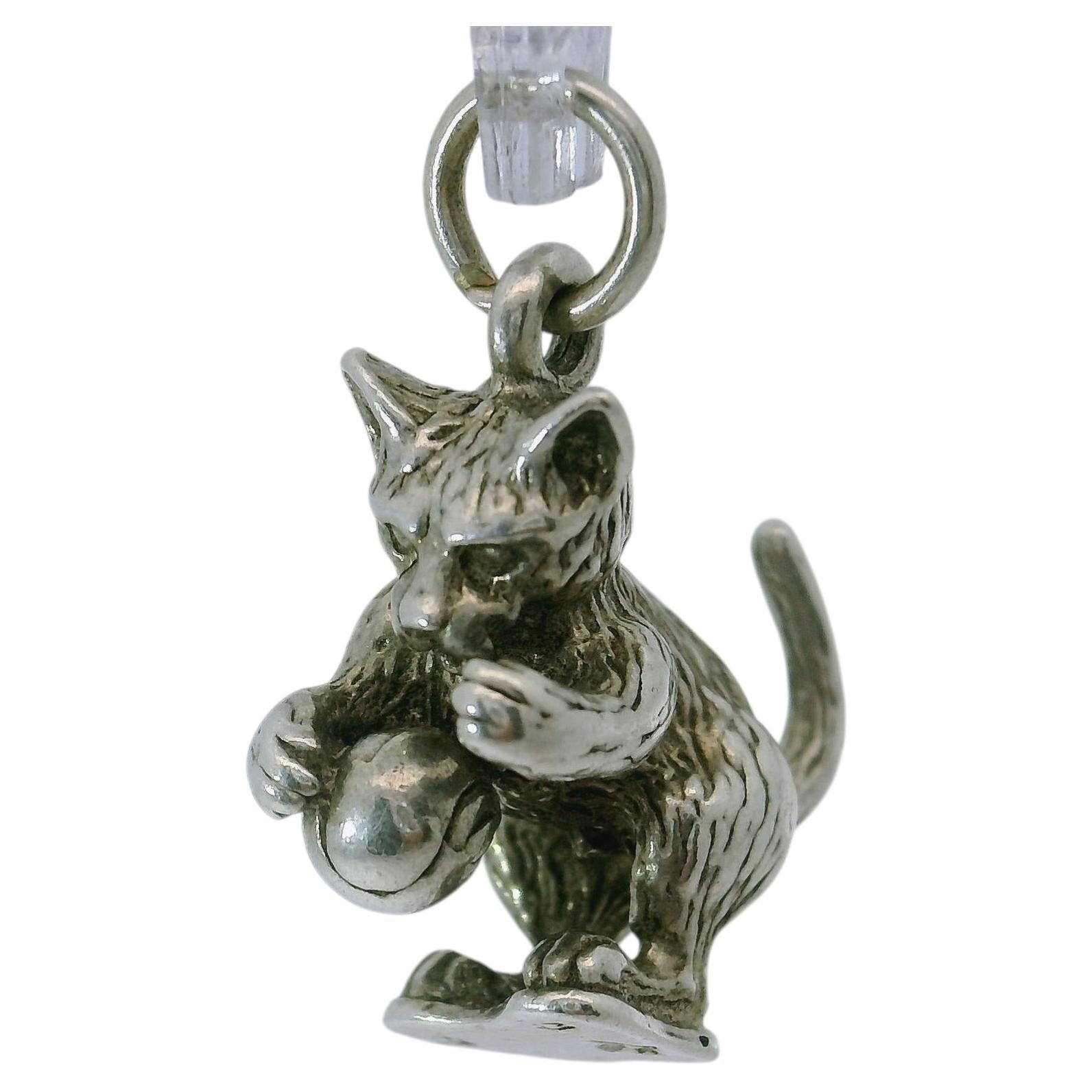 Vintage Taxco Sterling Silver Cat Playing W/ Ball Charm Pendant Francisco Rivera