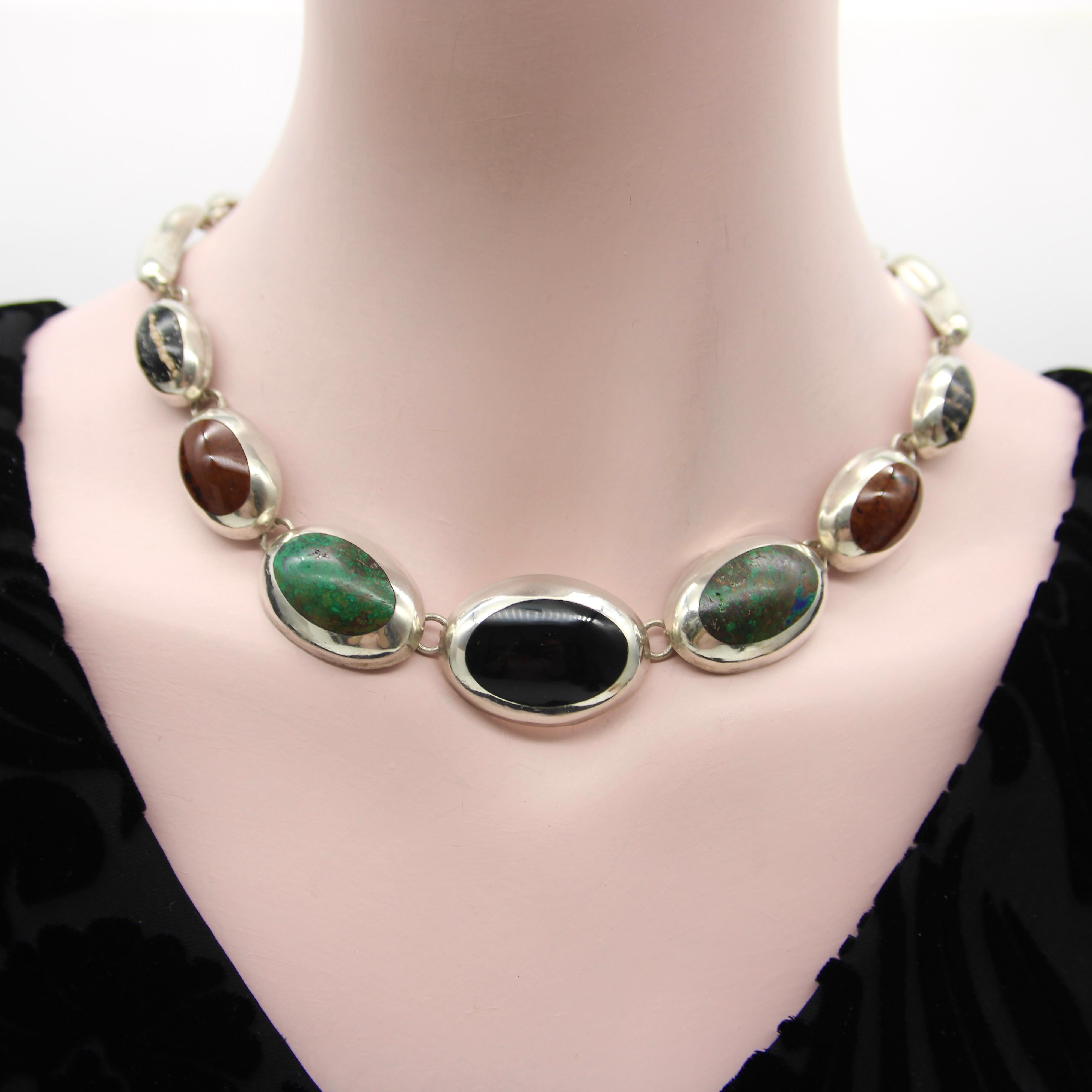 Vintage Taxco Sterling Silver Graduated Multi-Stone Necklace In Good Condition For Sale In Venice, CA